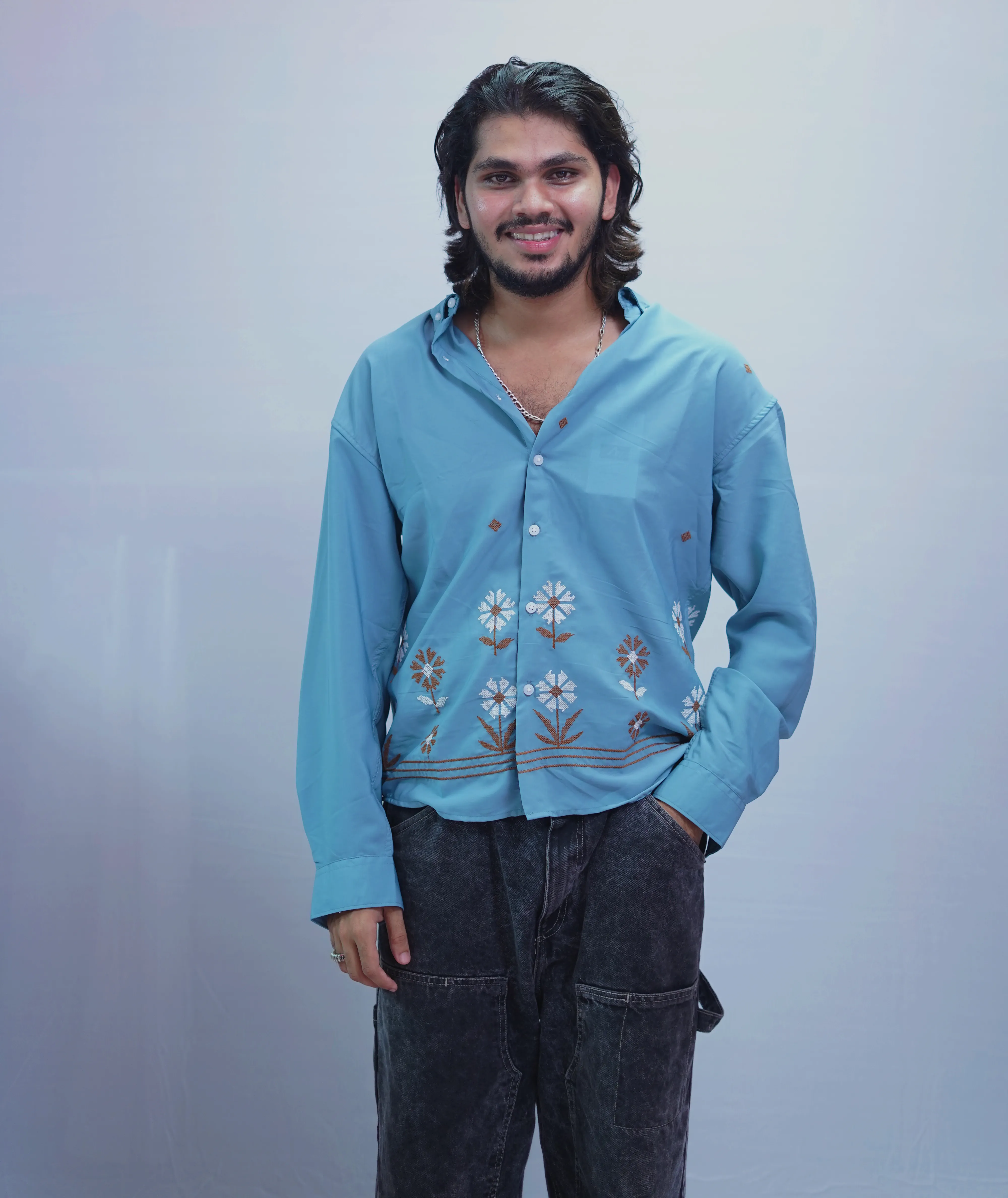 OCEAN BLUE FLOWER EMBROIDERY SHIRT