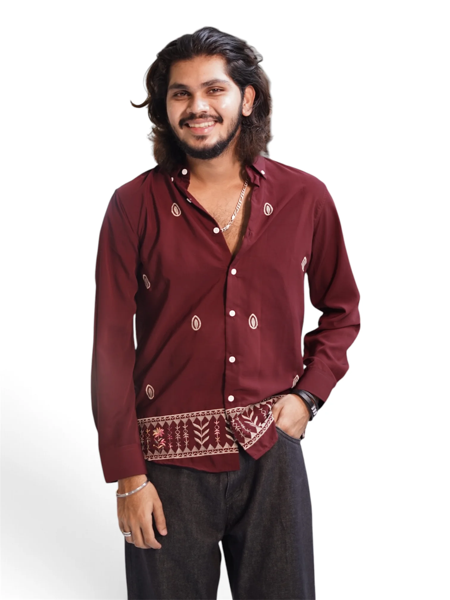 OXBLOOD MAROON SHELL EMBROIDERY SHIRT