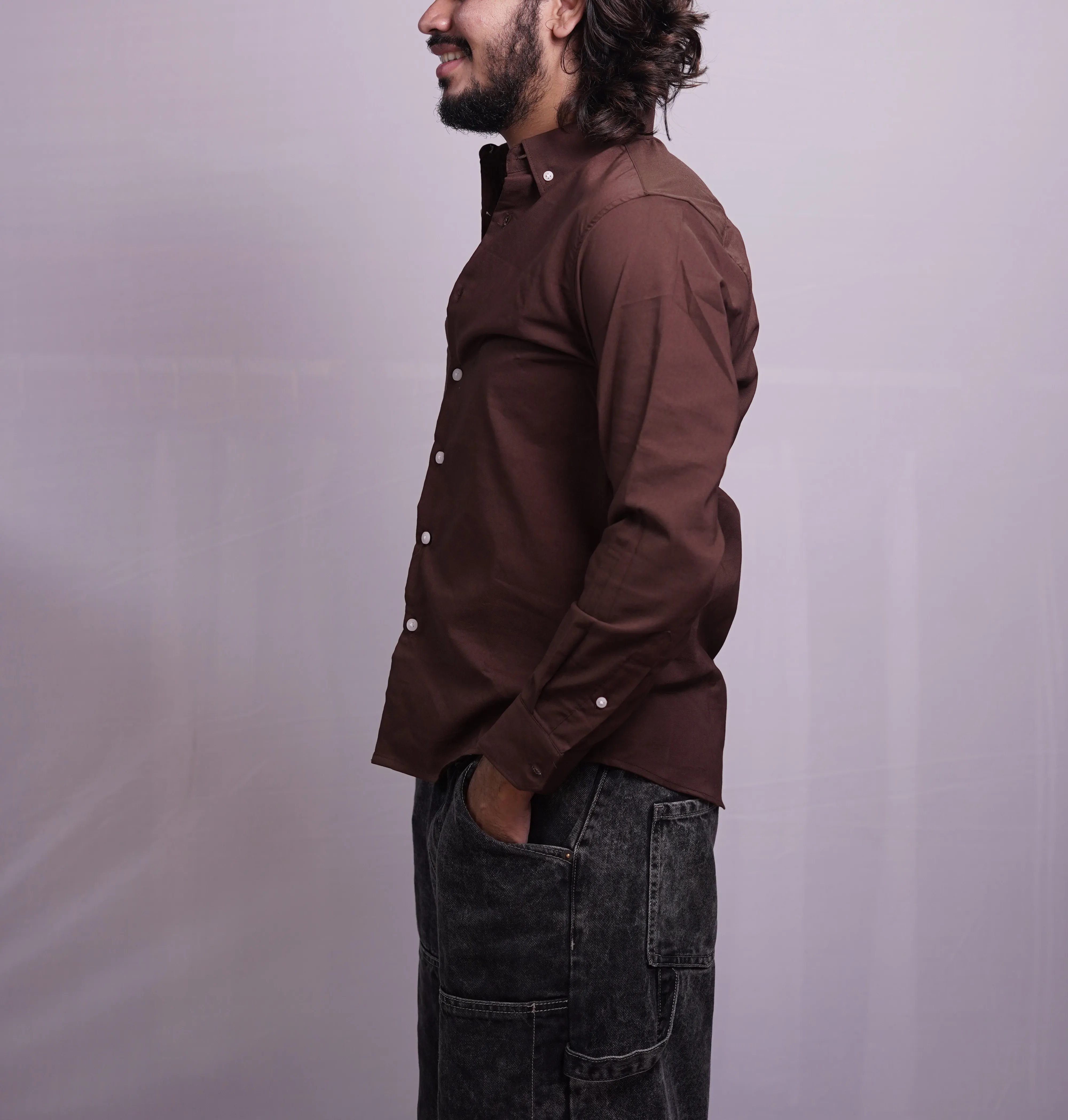 CHOCOLATE BROWN LINEN PLAIN SHIRT, photo 3 of 4