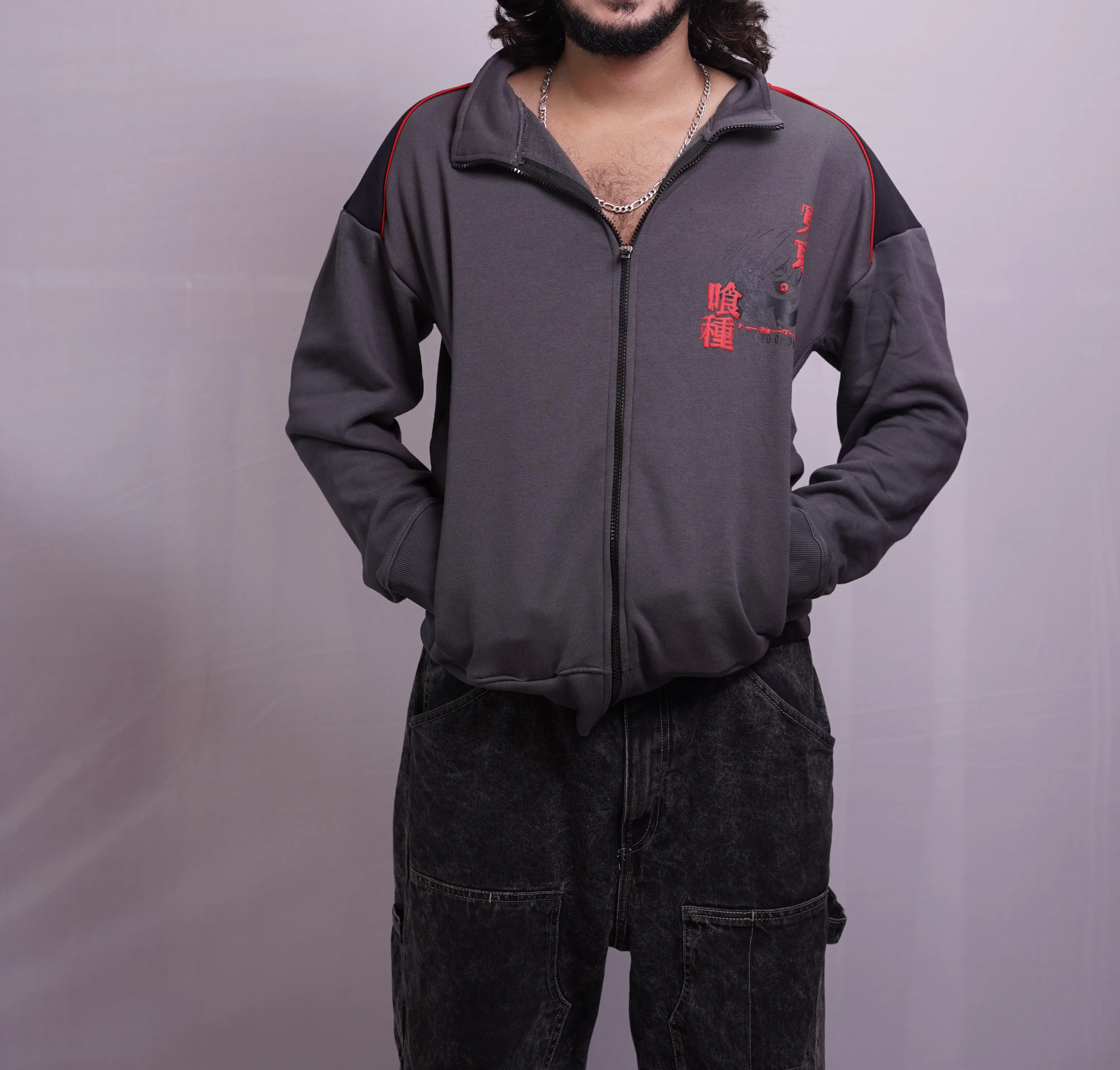 GREY PUFF PRINTED OVERSIZED ZIPPER HOODIE, photo 2 of 4