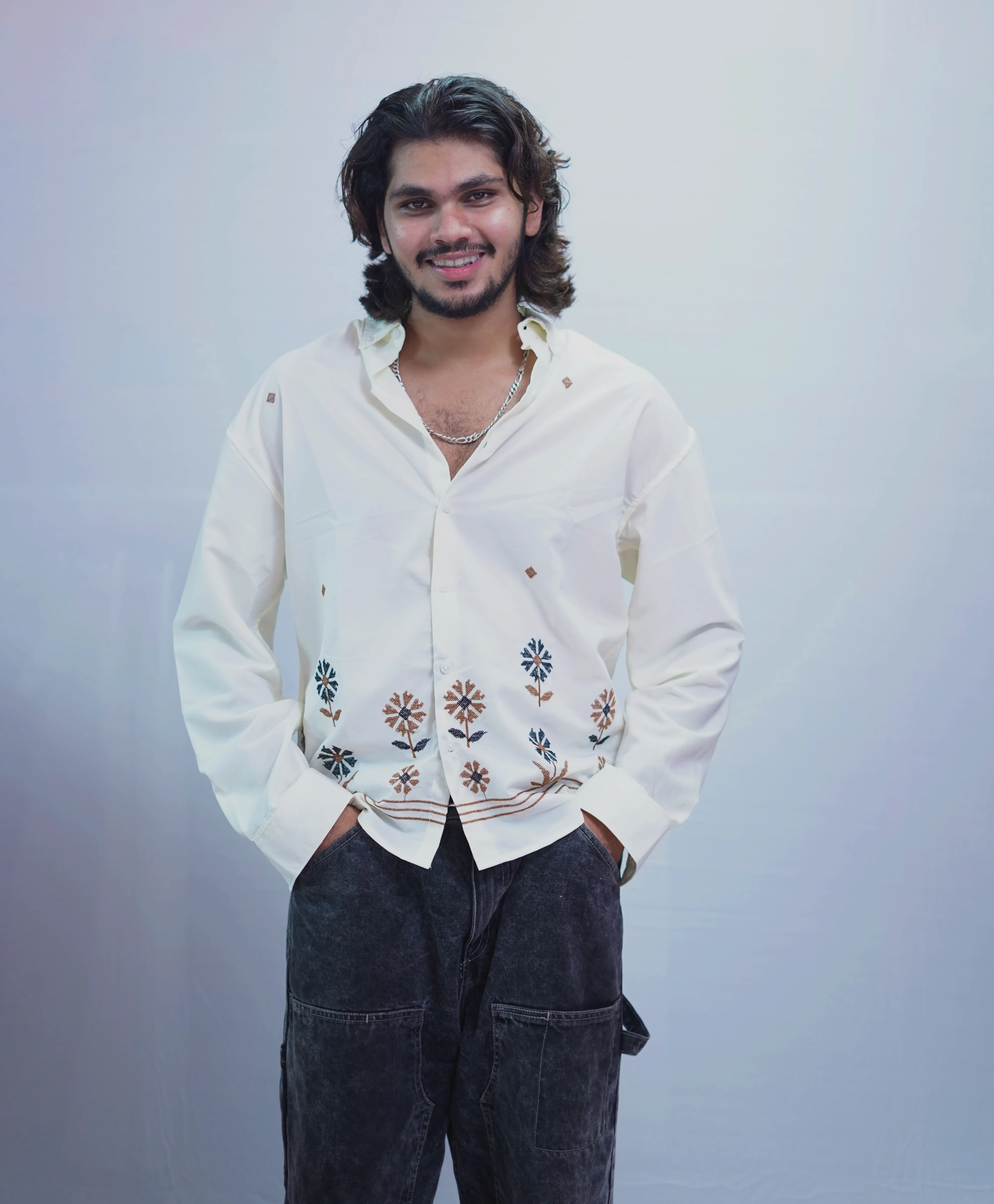 OFF WHITE FLOWER EMBROIDERY SHIRT