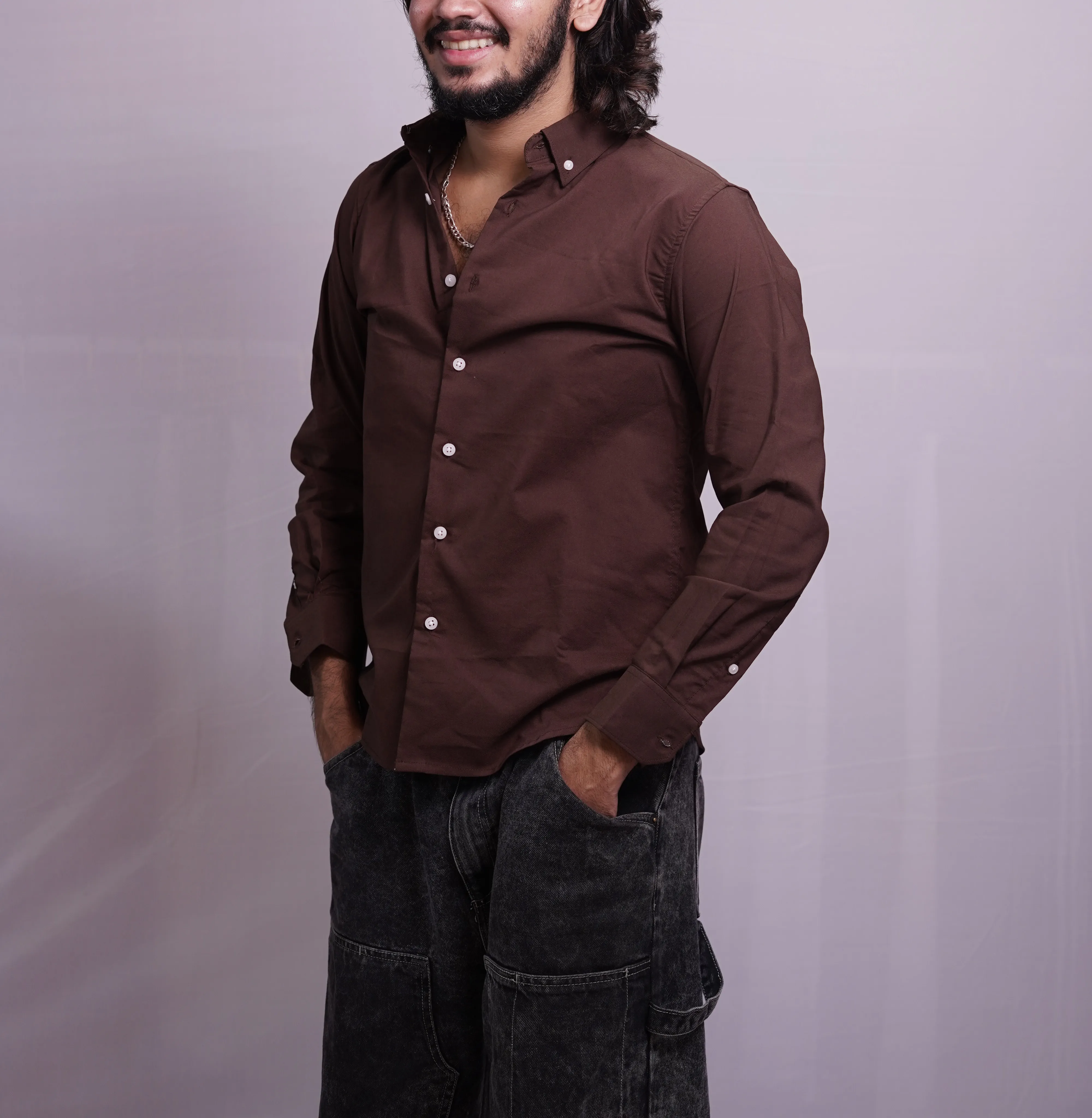 CHOCOLATE BROWN LINEN PLAIN SHIRT, photo 1 of 4