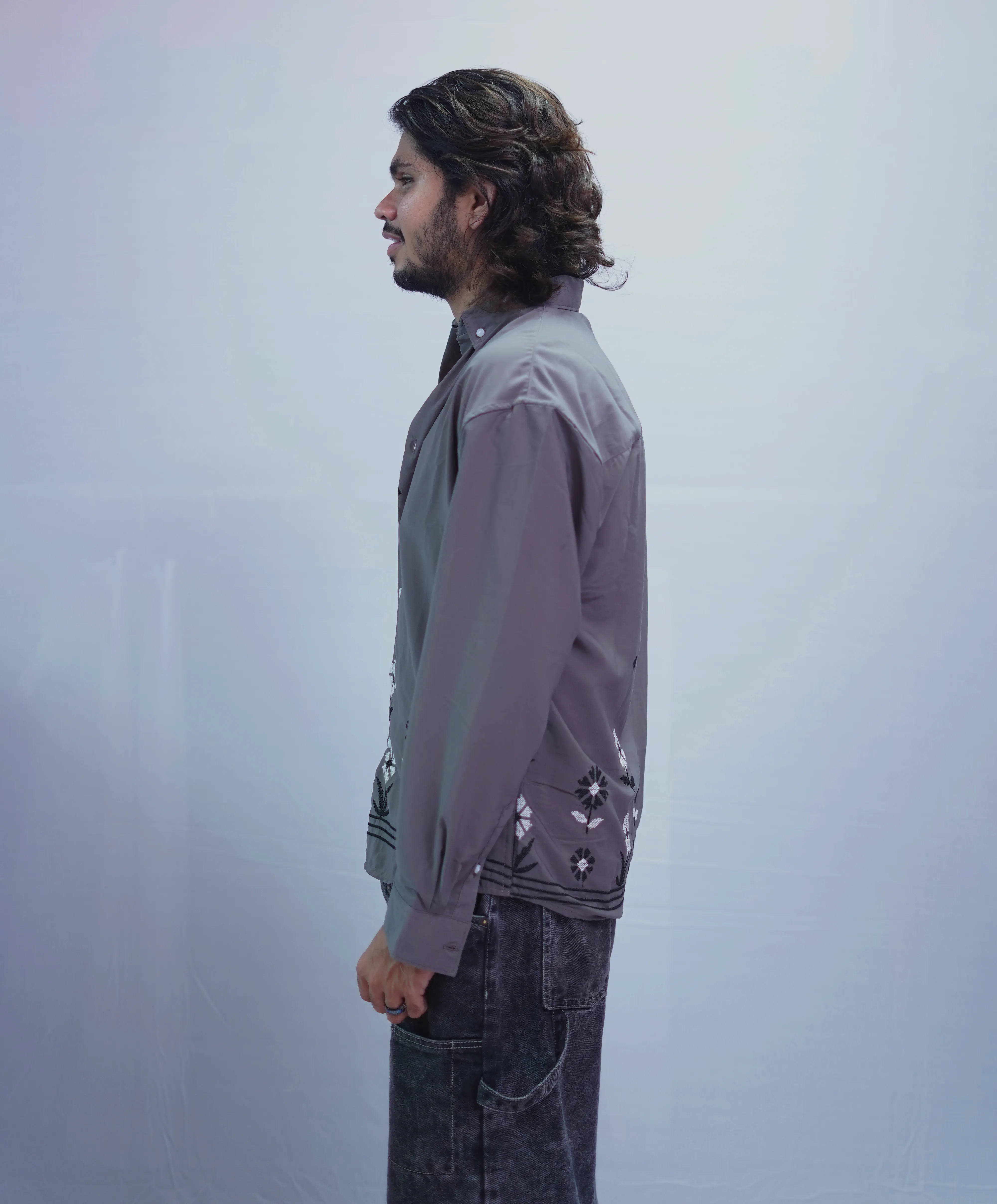 SMOKY GREY FLOWER EMBROIDERY SHIRT