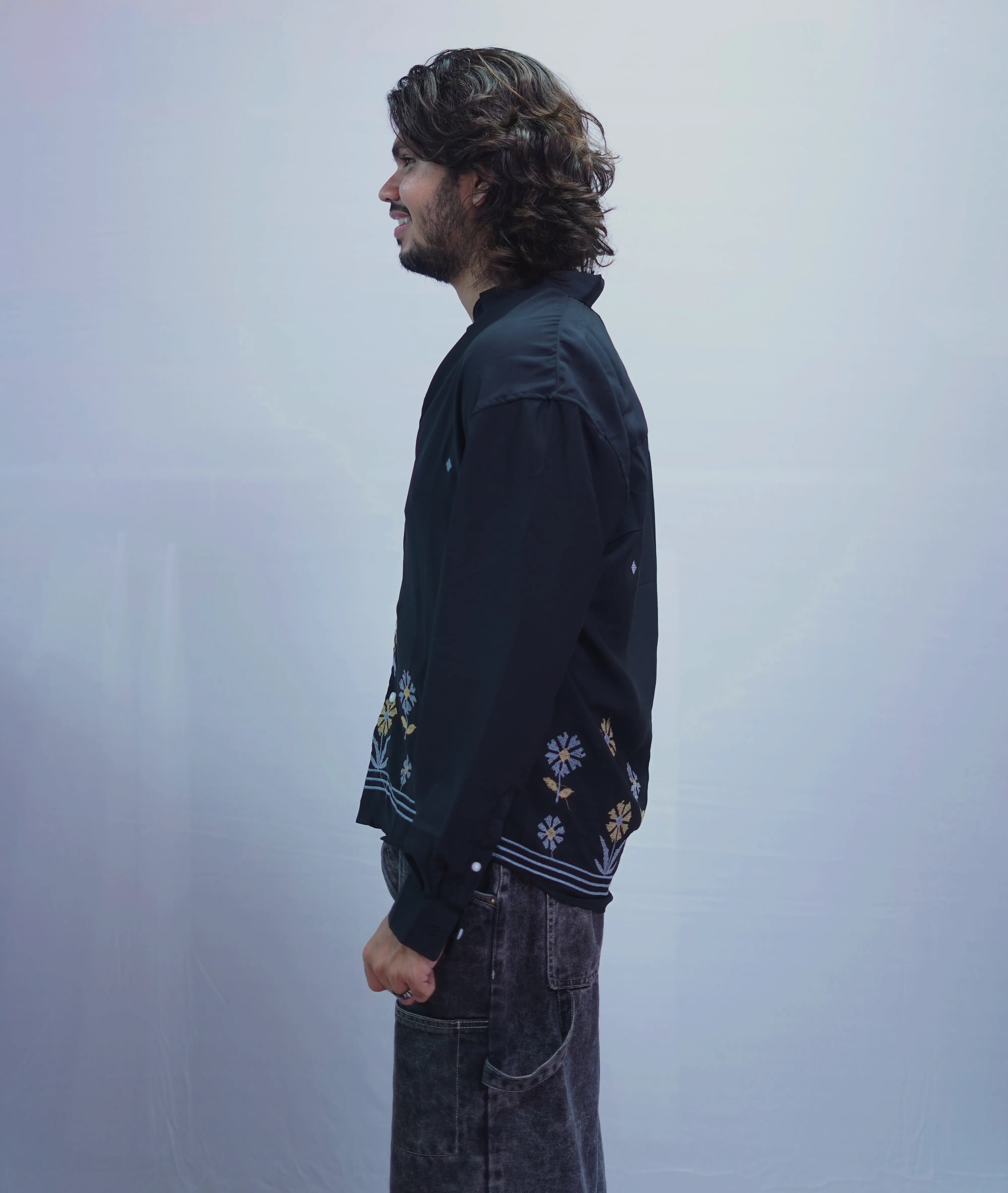 JET BLACK FLOWER EMBROIDERY SHIRT