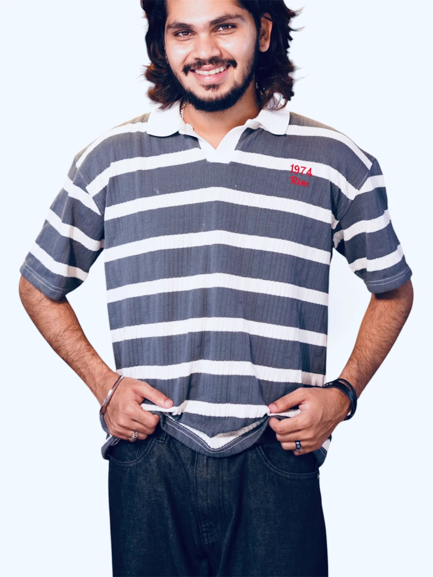 RETRO CHARCOAL GREY STRIPE POLO TEES