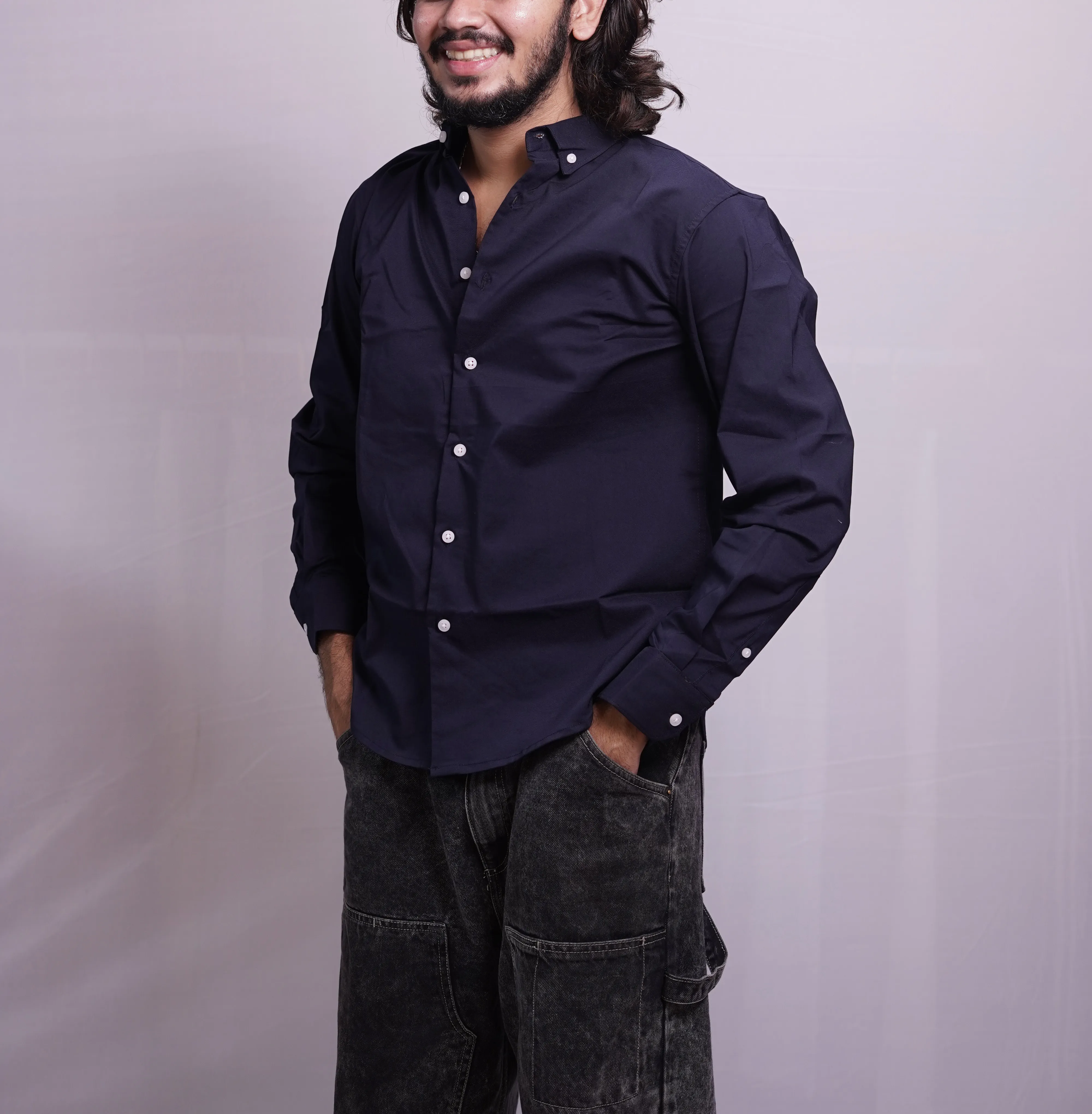 NAVY BLUE LINEN PLAIN SHIRT, photo 1 of 4