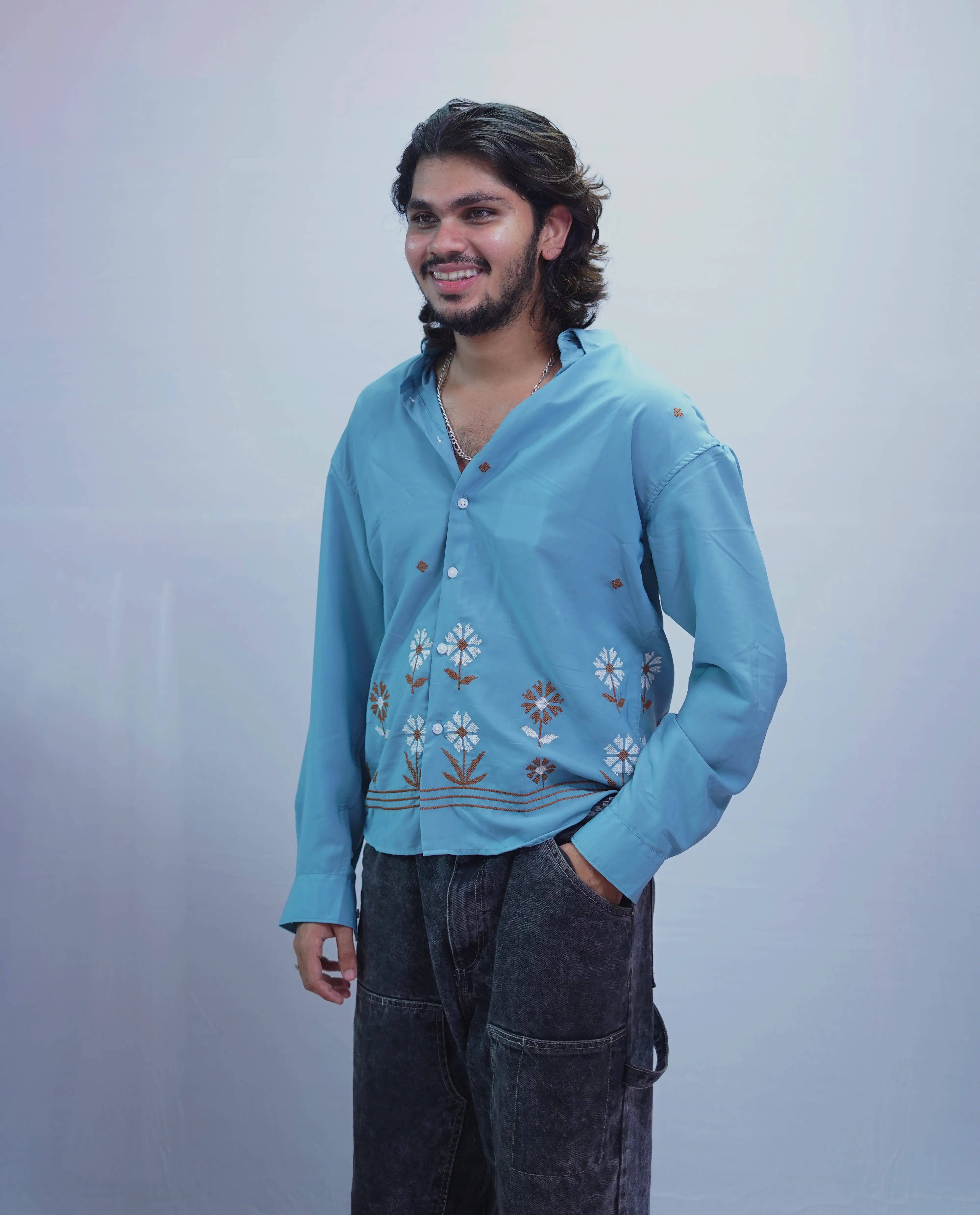 OCEAN BLUE FLOWER EMBROIDERY SHIRT