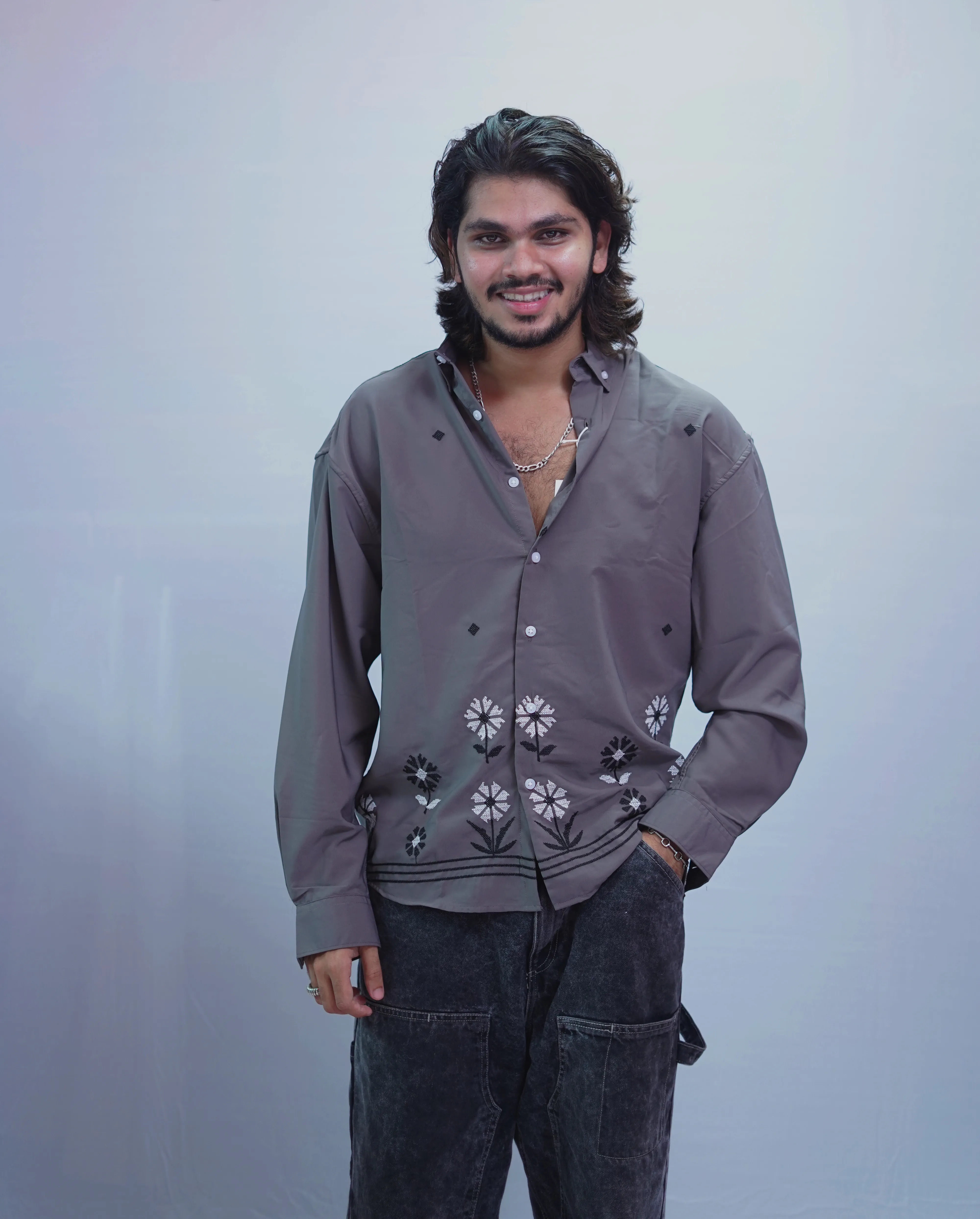 SMOKY GREY FLOWER EMBROIDERY SHIRT