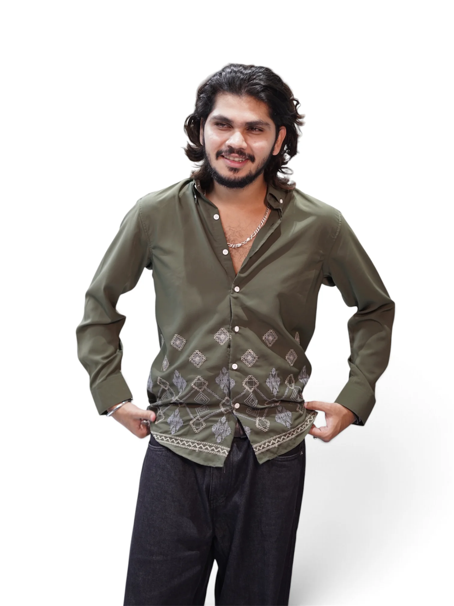 OLIVE GREEN GEO EMBROIDERY SHIRT