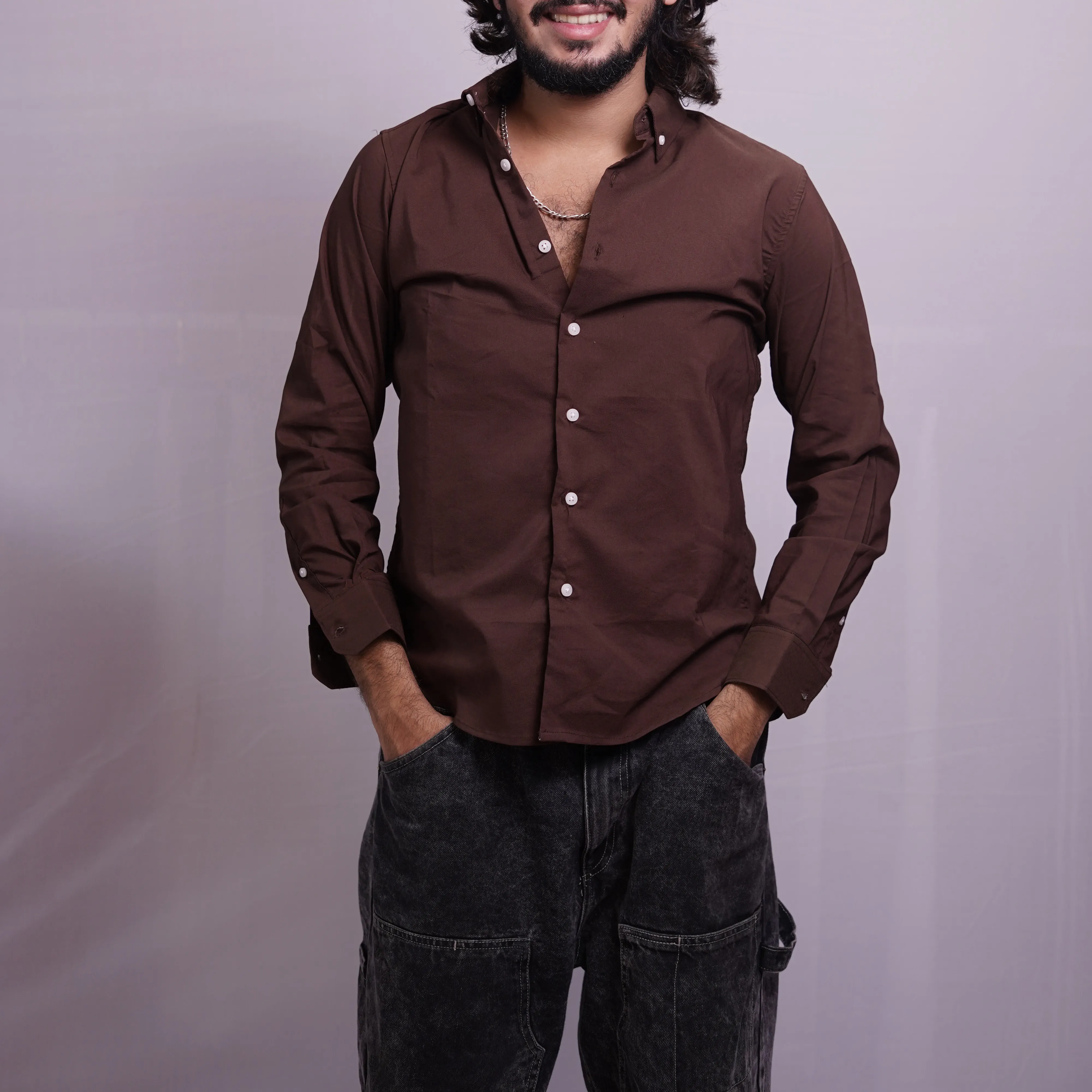 CHOCOLATE BROWN LINEN PLAIN SHIRT, photo 2 of 4