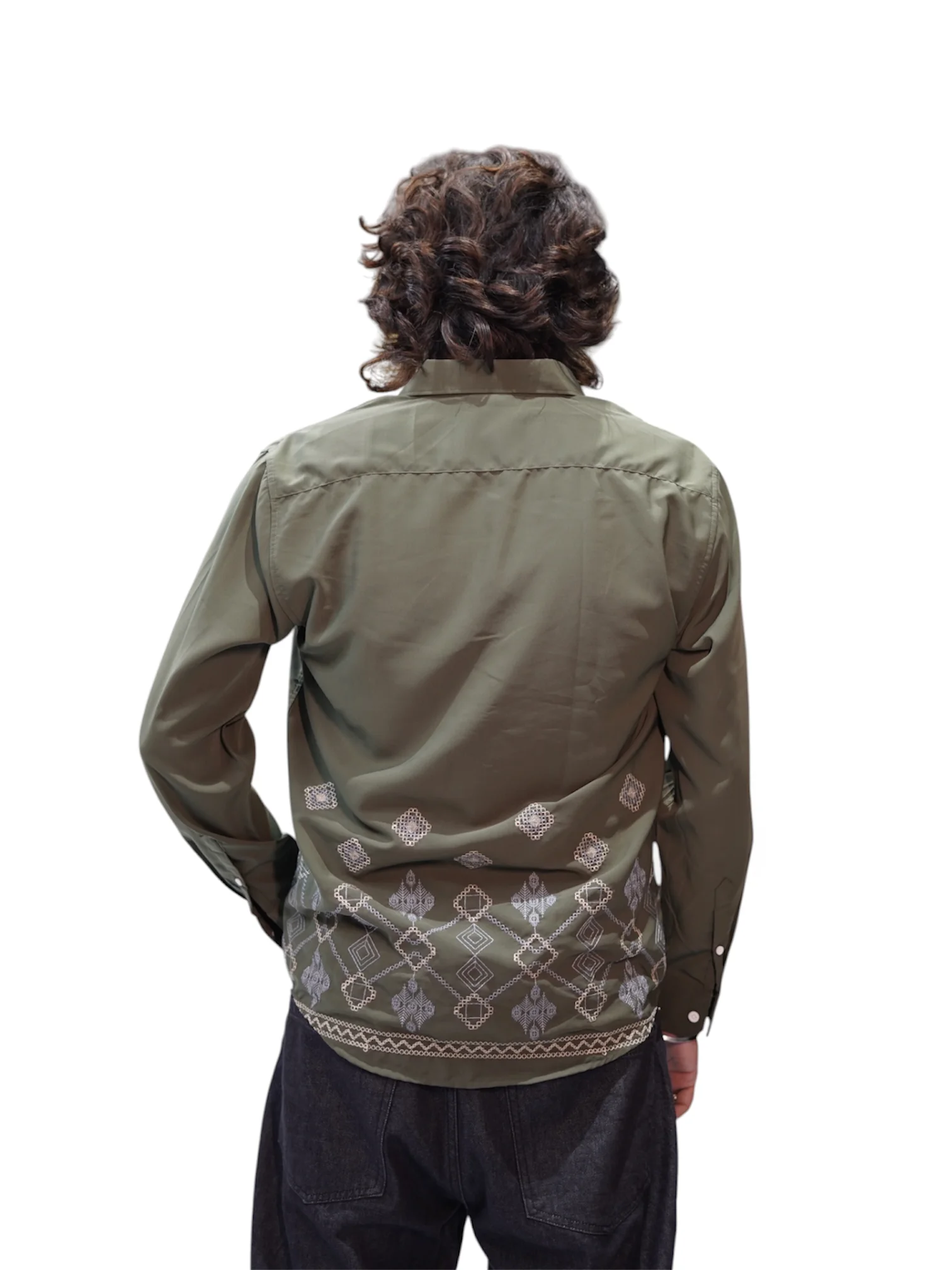 OLIVE GREEN GEO EMBROIDERY SHIRT