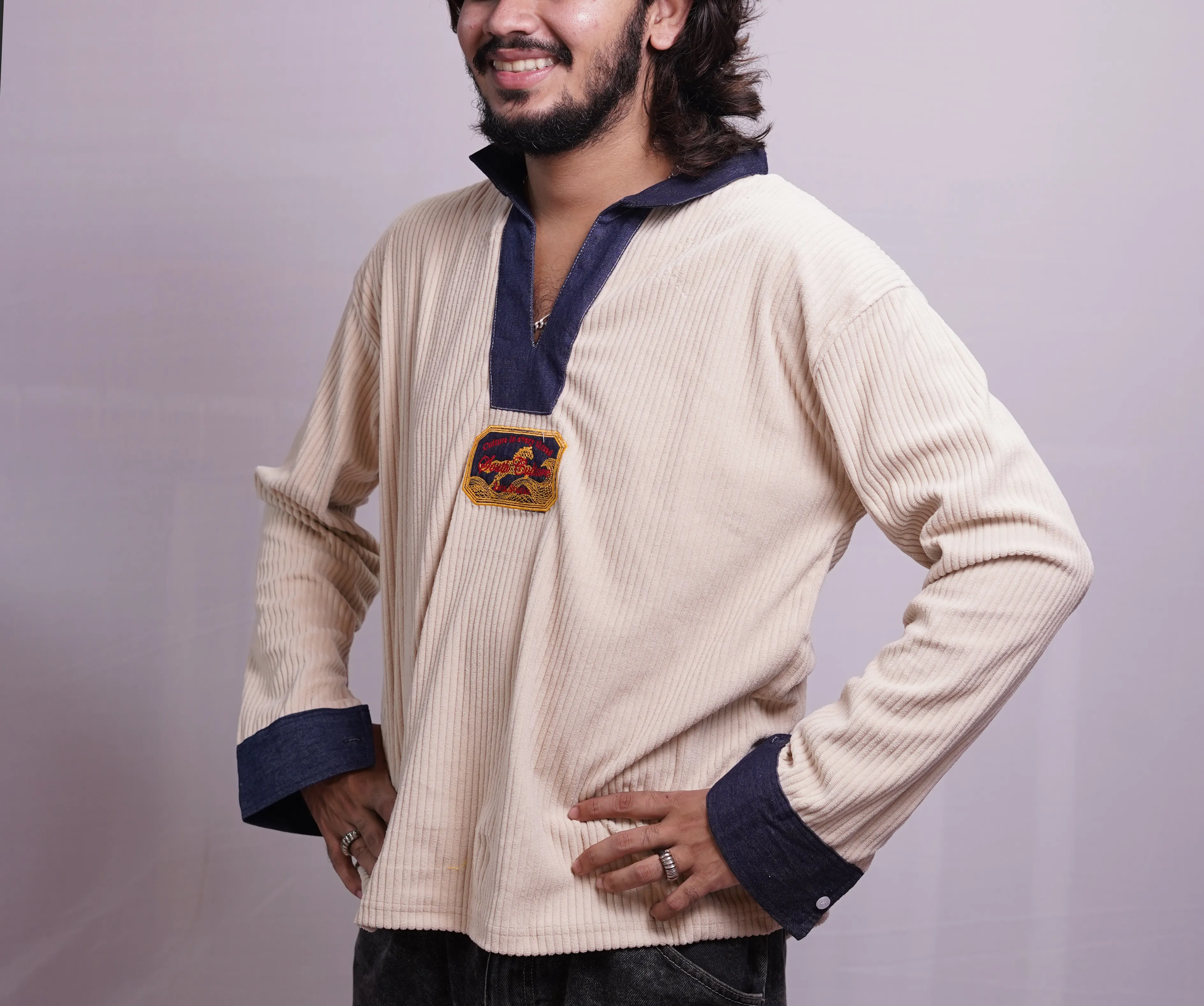 BEIGE V NECK DENIM TEES