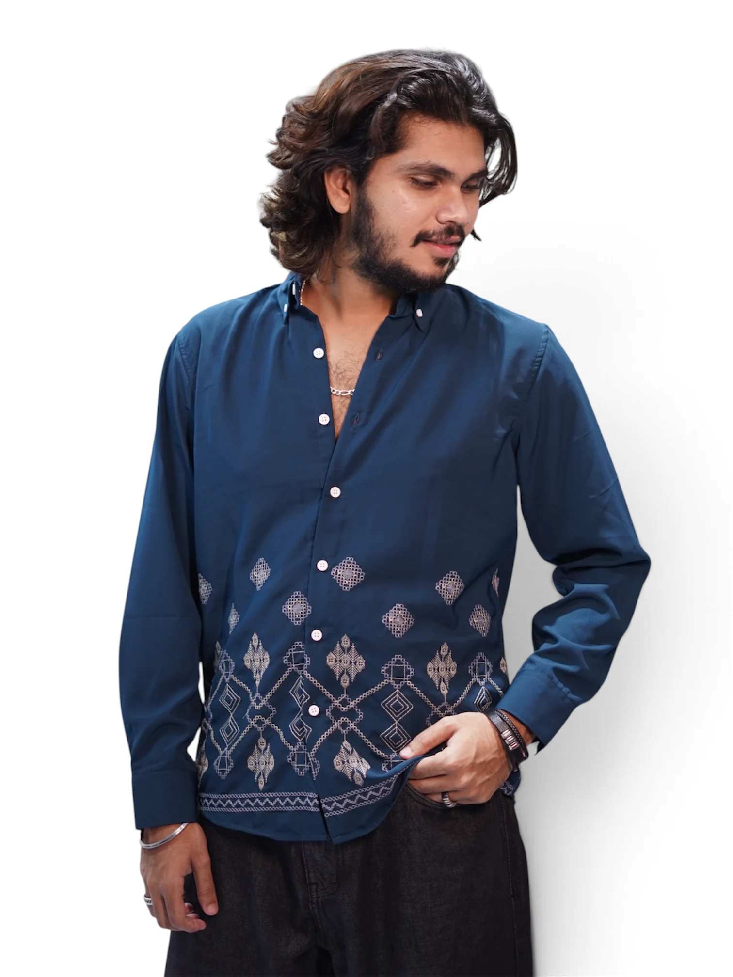 MIDNIGHT BLUE  GEO EMBROIDERY SHIRT