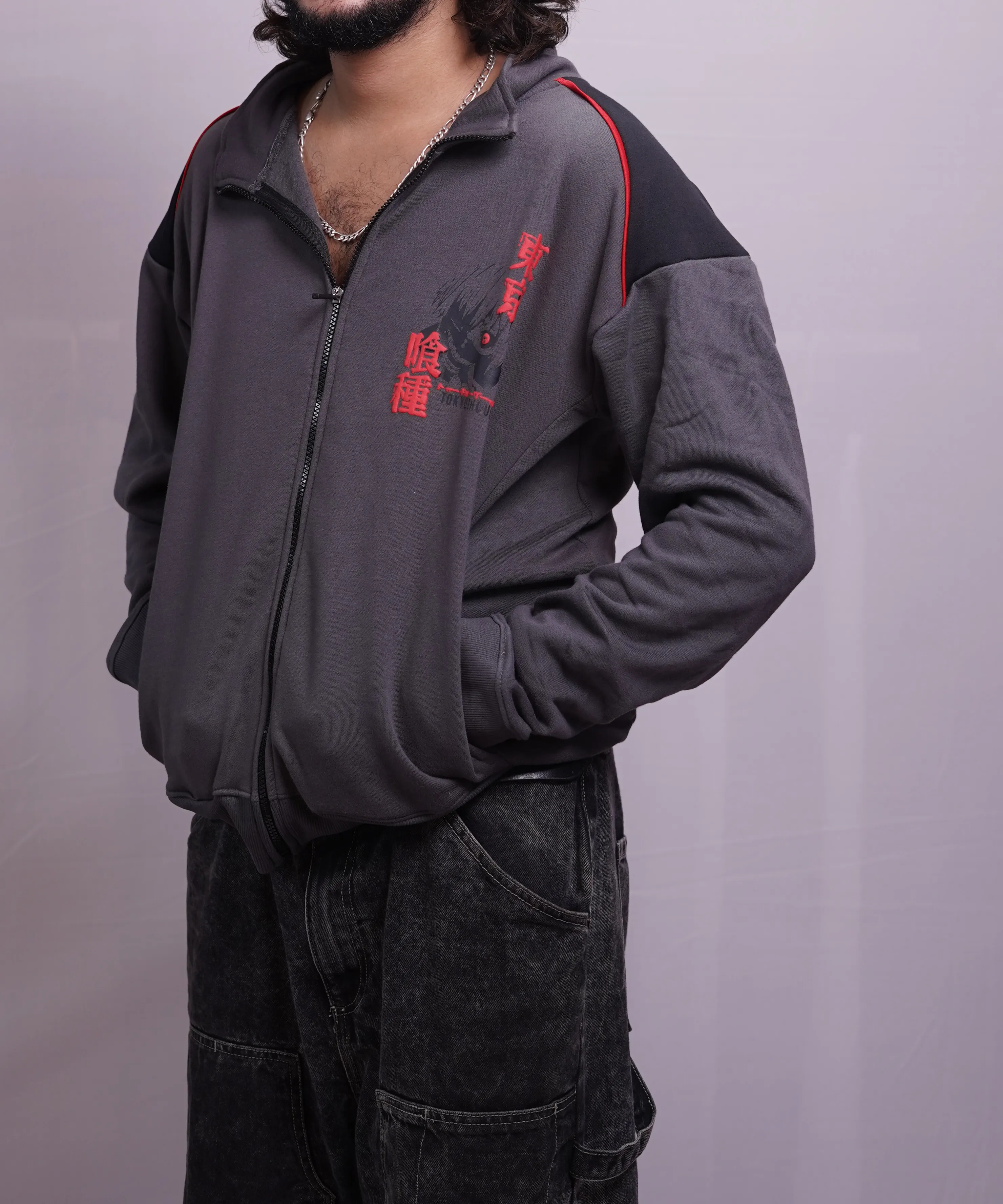 GREY PUFF PRINTED OVERSIZED ZIPPER HOODIE