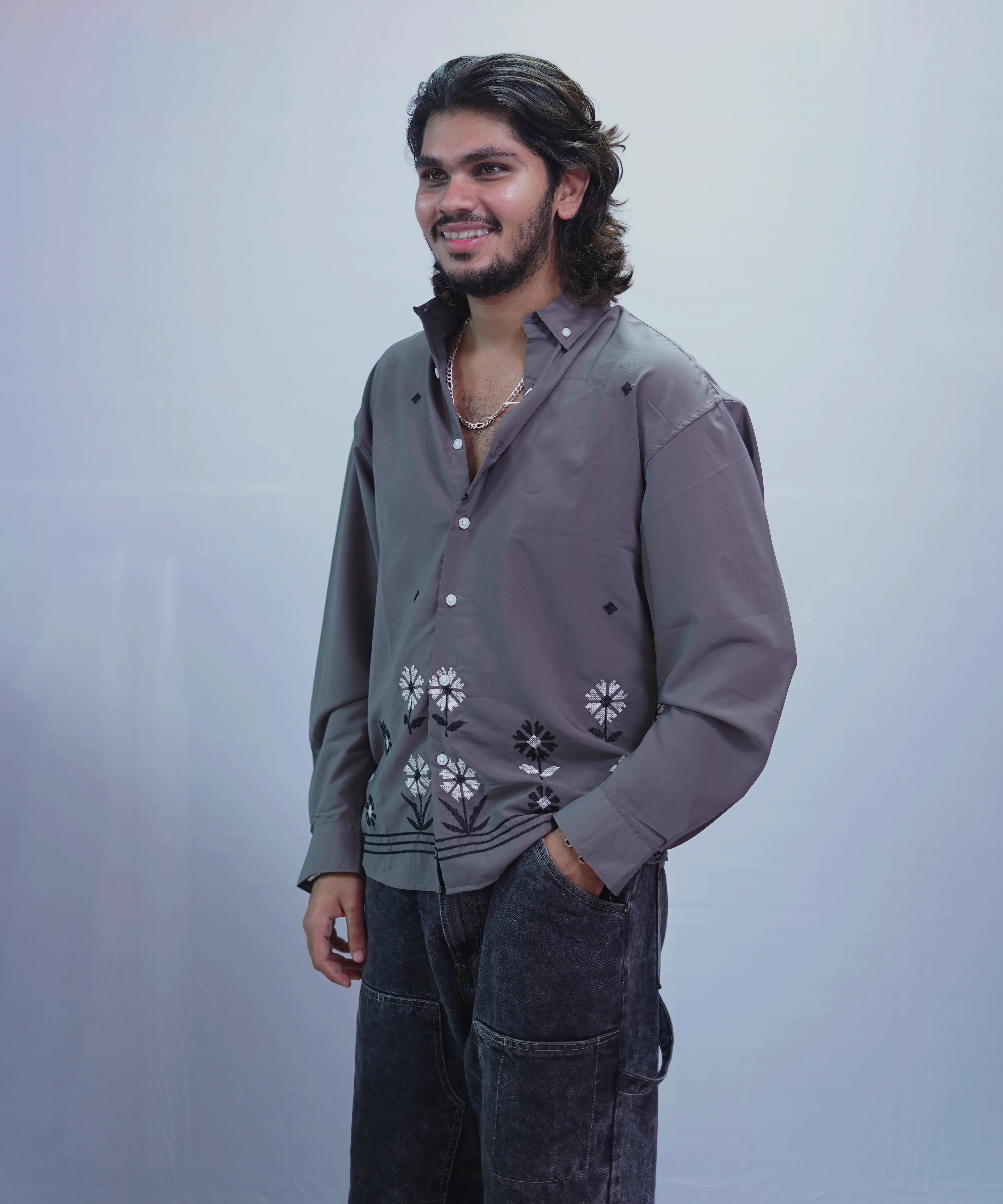 SMOKY GREY FLOWER EMBROIDERY SHIRT