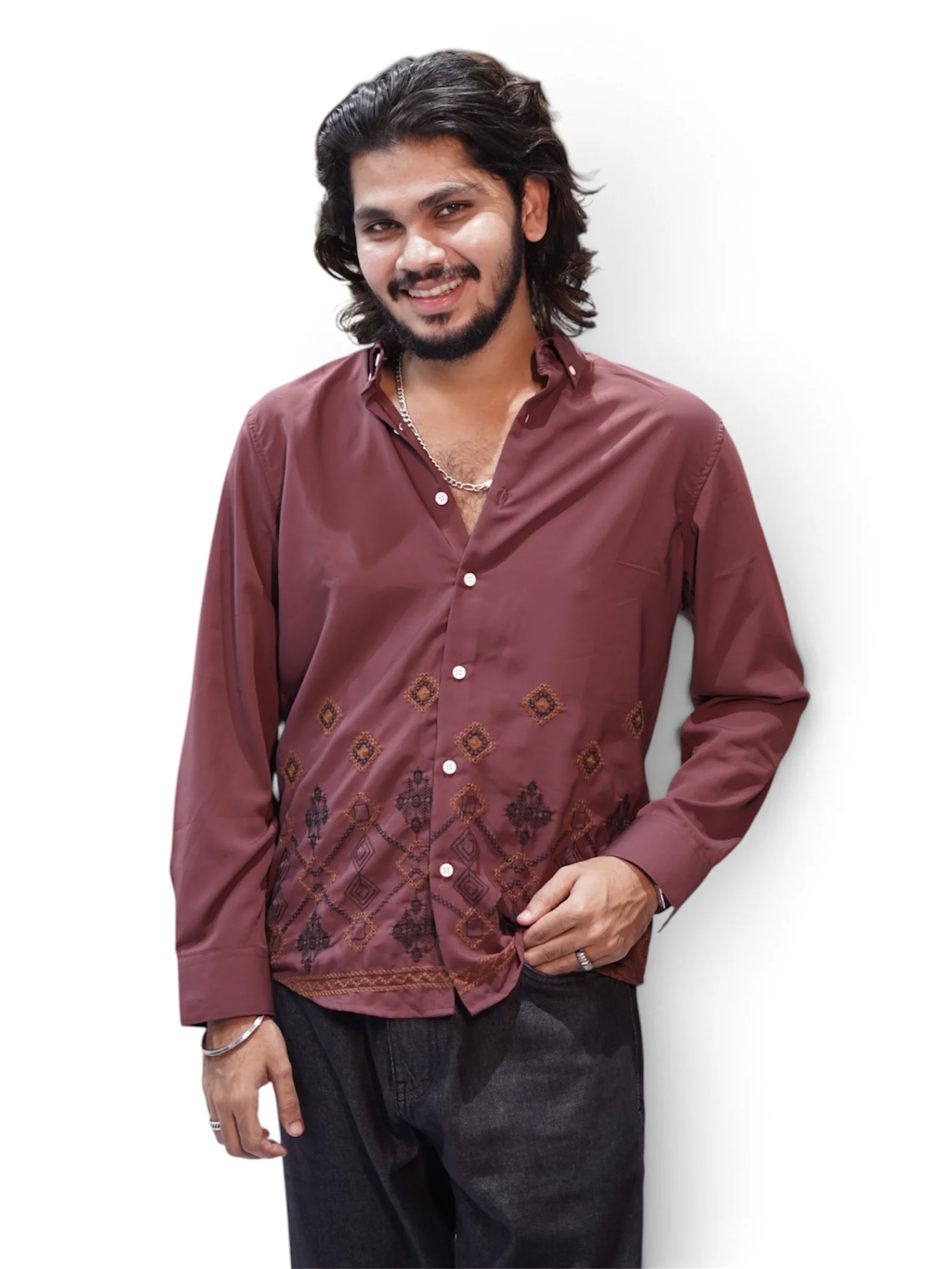 MULBERRY WINE GEO EMBROIDERY SHIRT