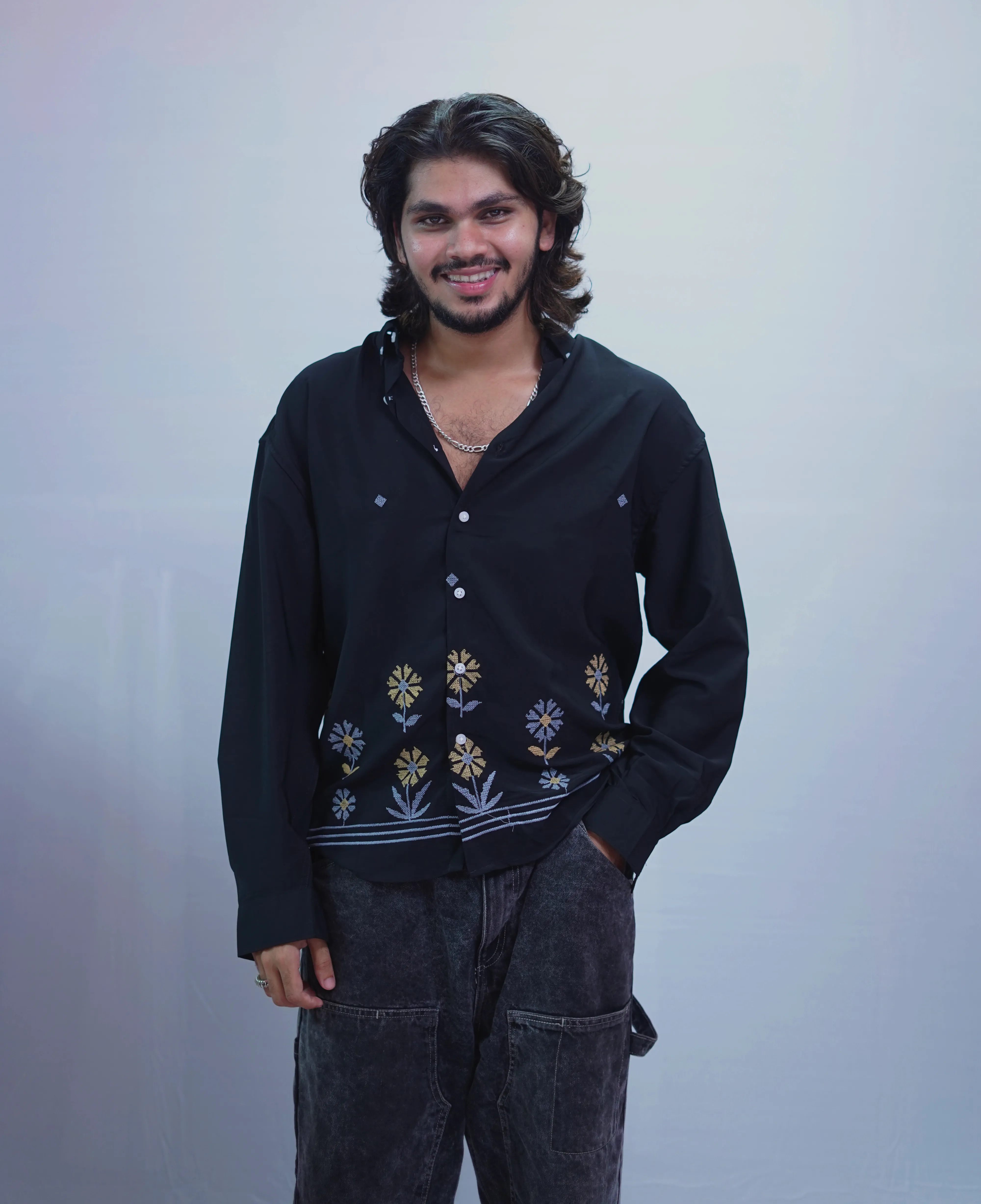 JET BLACK FLOWER EMBROIDERY SHIRT
