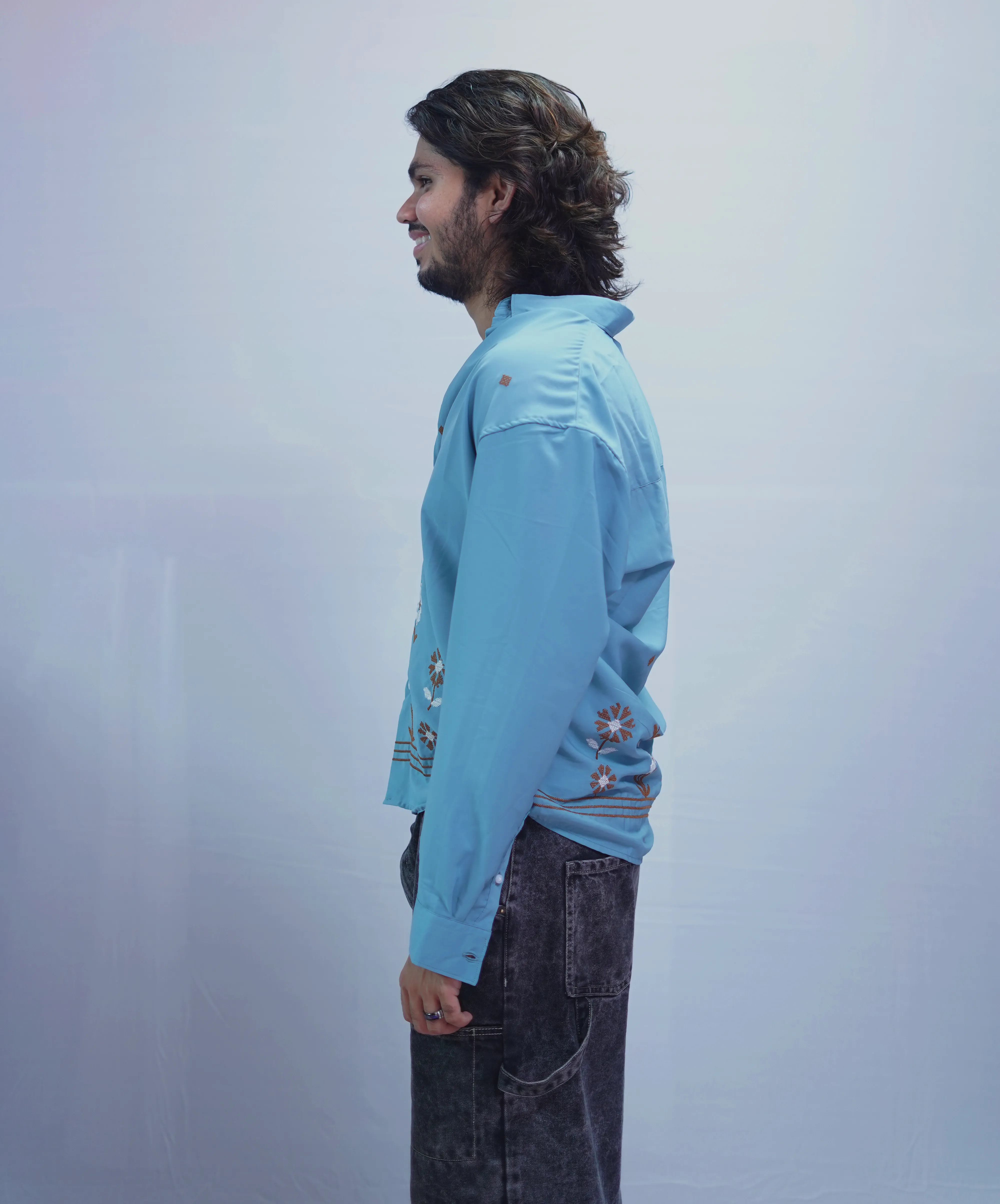 OCEAN BLUE FLOWER EMBROIDERY SHIRT