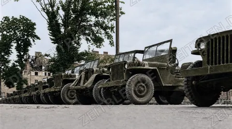 Kolonne von US-Jeeps vor kriegsbeschädigtem Gebäude