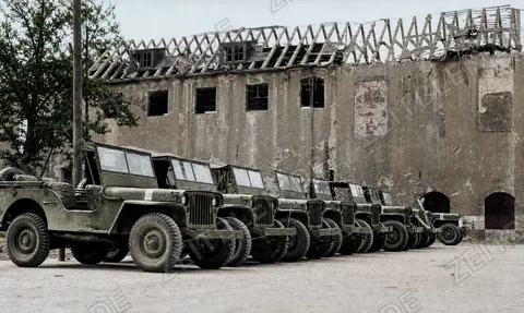 Geparkte US-Jeeps vor kriegsbeschädigtem Gebäude