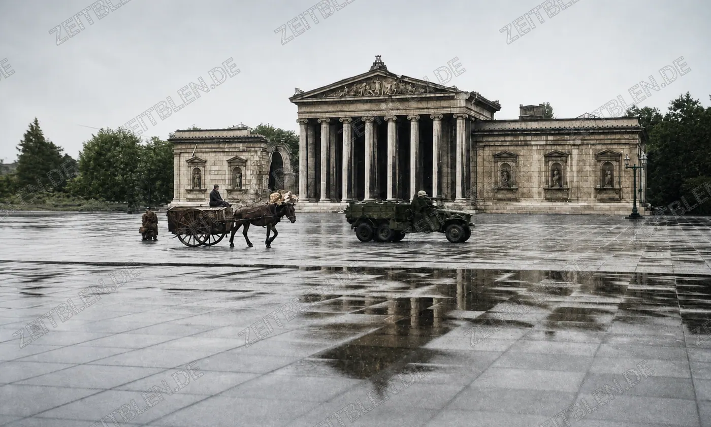 Pferdewagen und US-Militärfahrzeug am Münchner Königsplatz