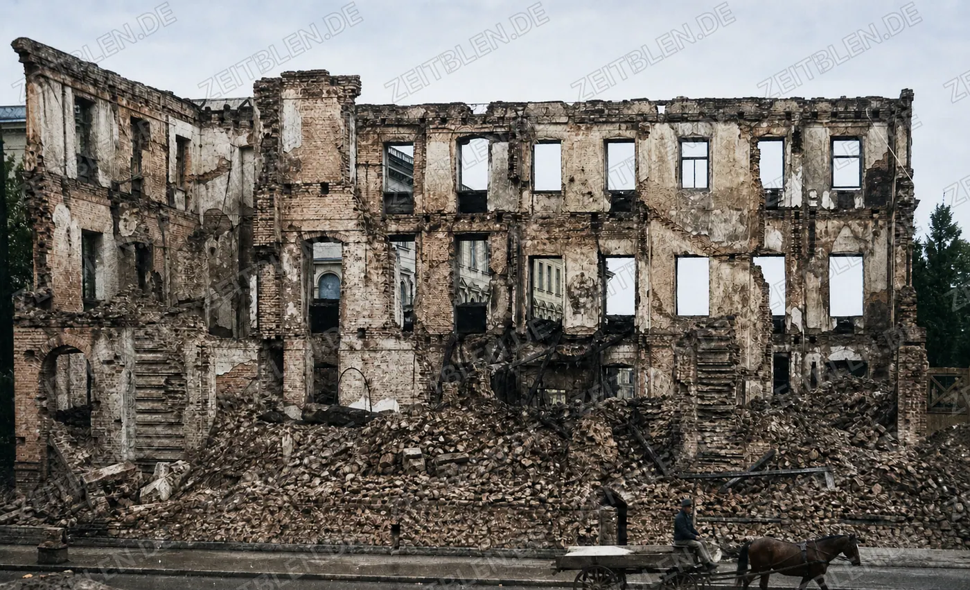 Pferdefuhrwerk vor der Ruine des Braunen Hauses