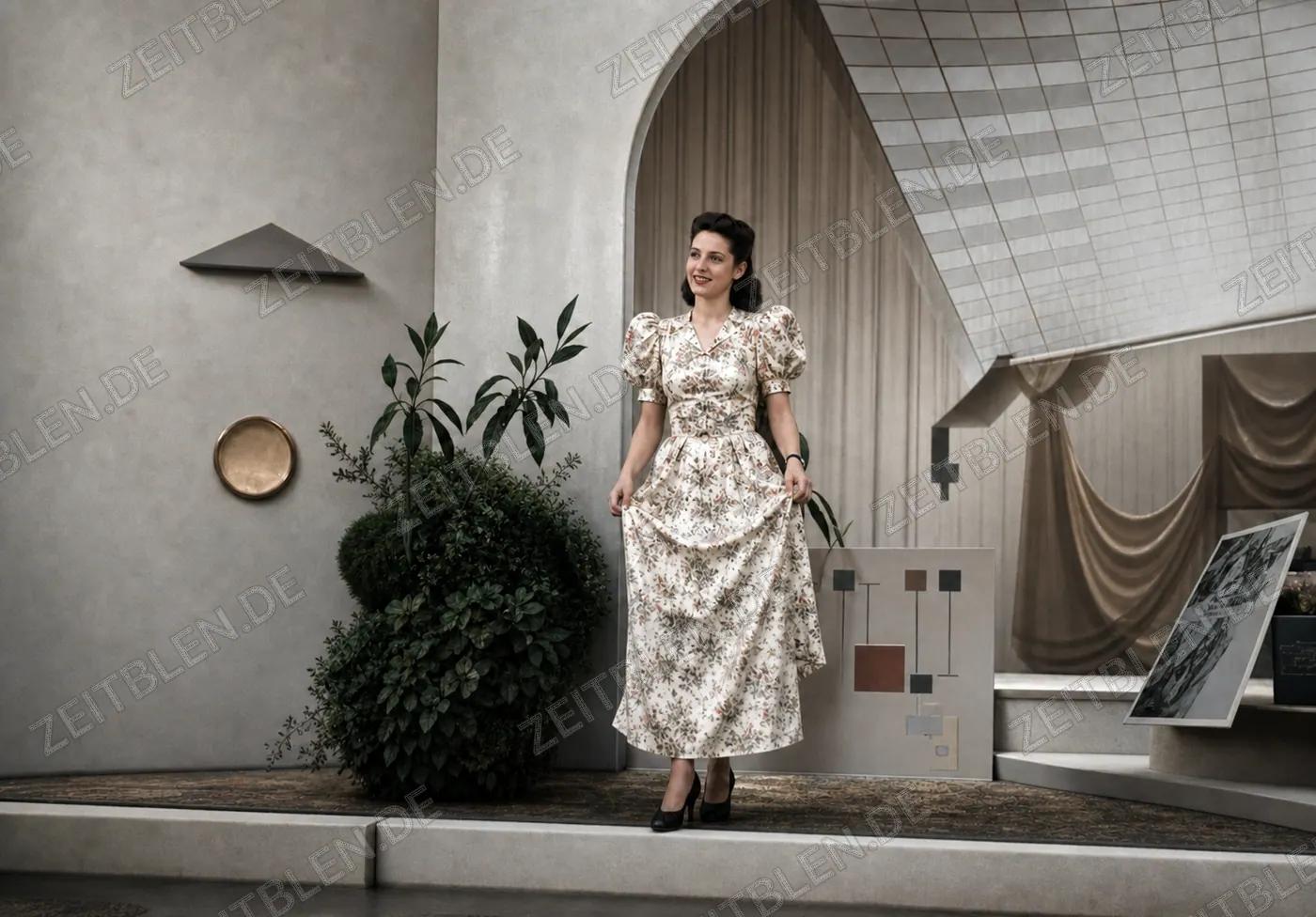 Model im gemusterten Kleid bei einer Modepräsentation im Haus der Kunst, um 1945/46