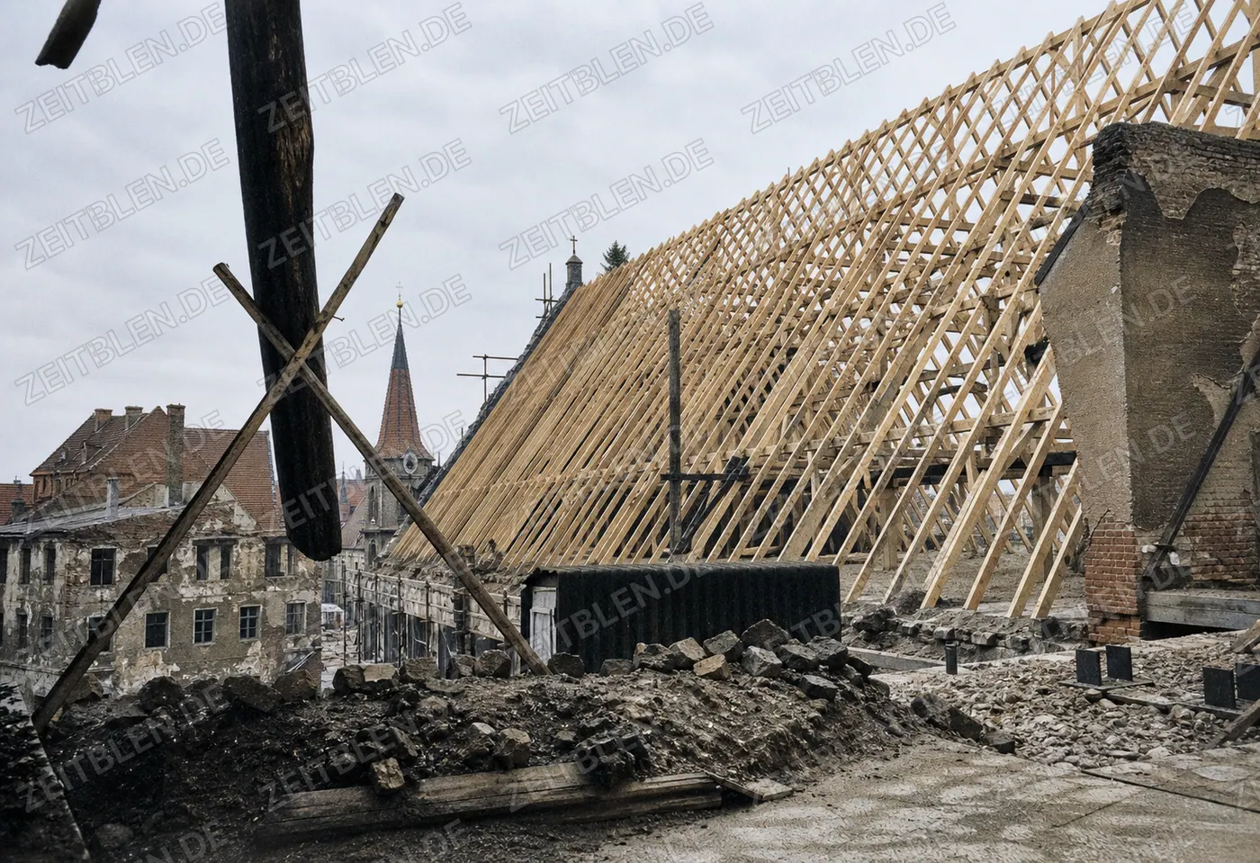 Dachstuhl des Münchner Stadtmuseums beim Wiederaufbau