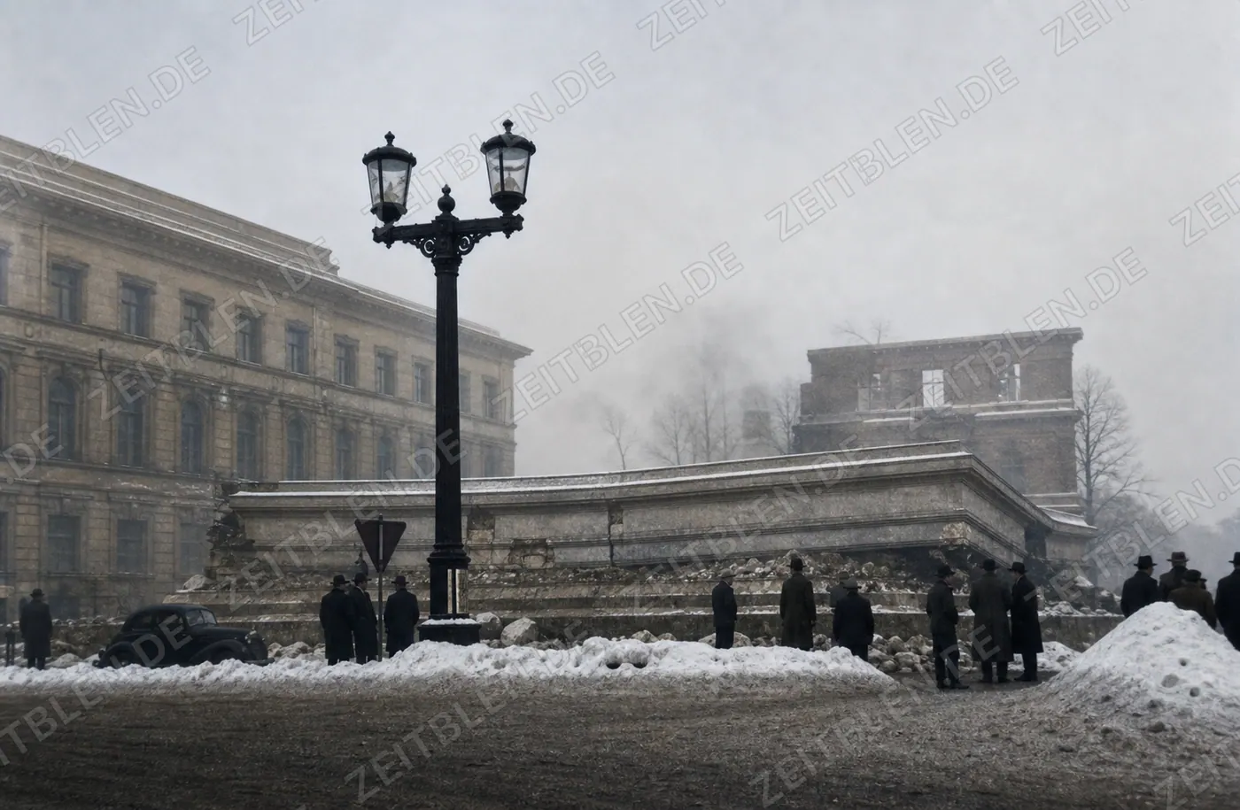 Sprengung der Ehrentempel am winterlichen Königsplatz
