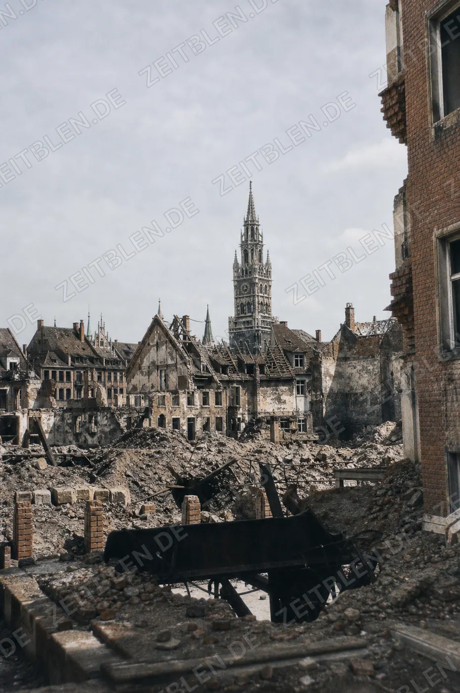 Durchblick vom Färbergraben zum zerstörten Rathaus