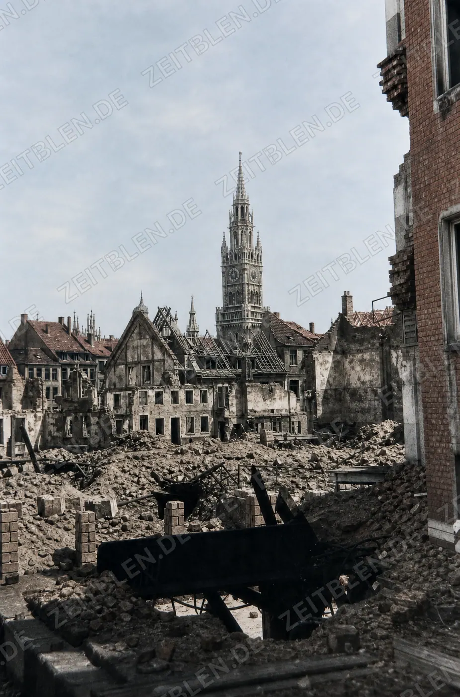 Zerstörte Altstadtachse mit Blick auf den Rathausturm