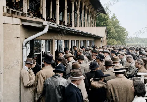 Publikum am Tribünengebäude beim Derby-Rennen in Riem