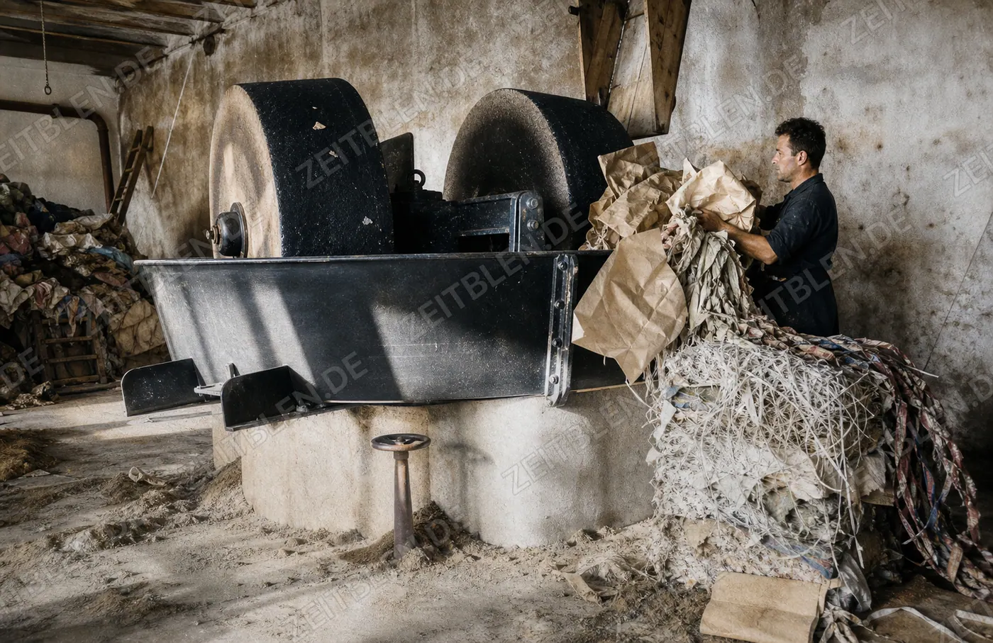 Arbeiter an der Stoffaufbereitung der Papierfabrik Wirth