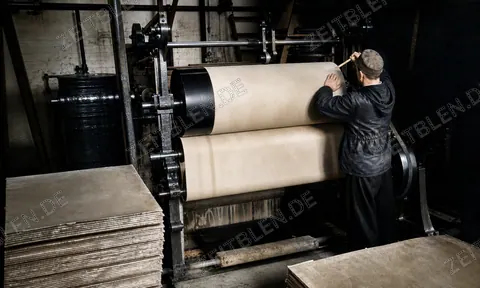 Arbeiter an der Papierrolle in der Papierfabrik Wirth