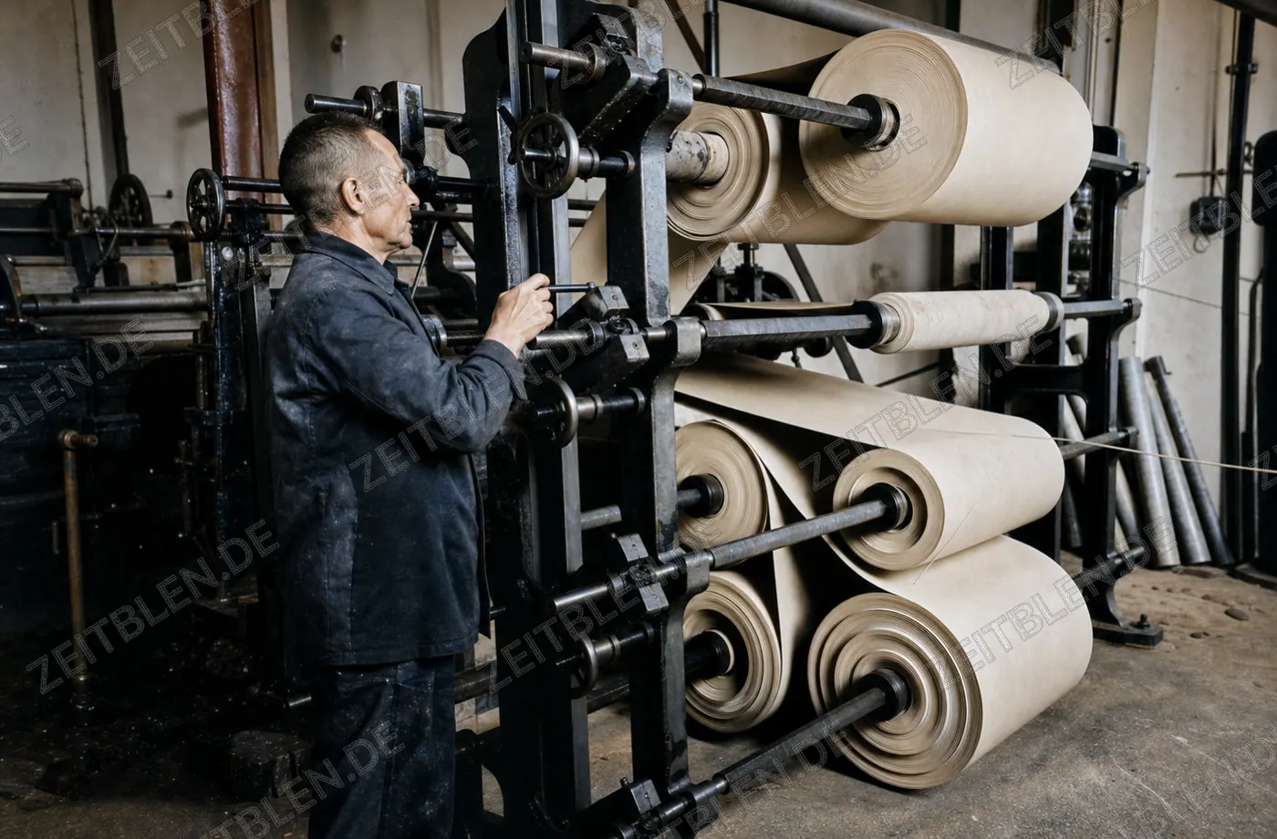 Arbeiter an einer Rollenmaschine der Papierfabrik Wirth