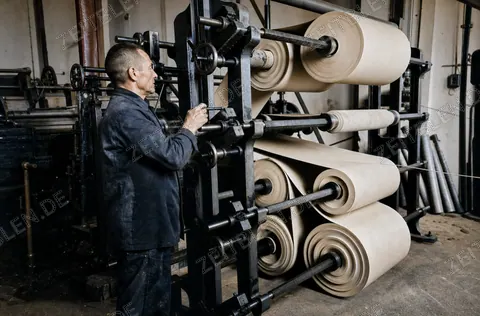 Arbeiter an einer Rollenmaschine der Papierfabrik Wirth