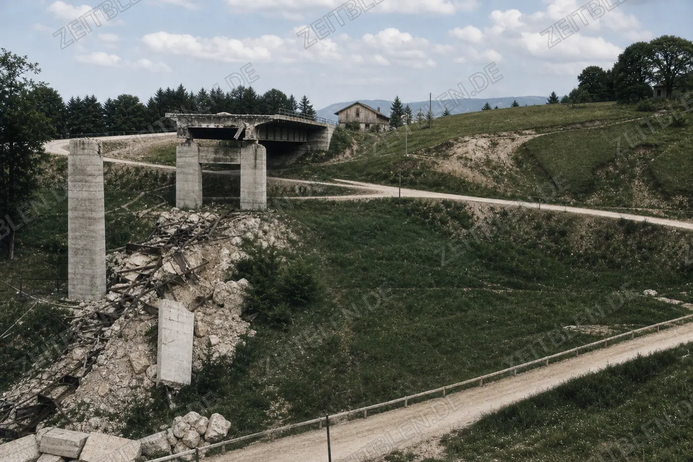 Gesprengte Autobahnbrücke in südbayerischer Landschaft