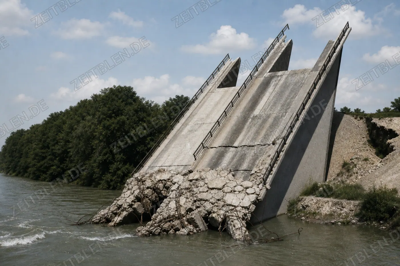 Eingestürzte Autobahnbrücke am Flussufer