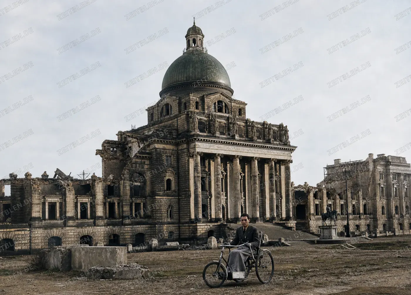 Zerstörtes ehemaliges Armeemuseum mit Fahrradfahrer in München