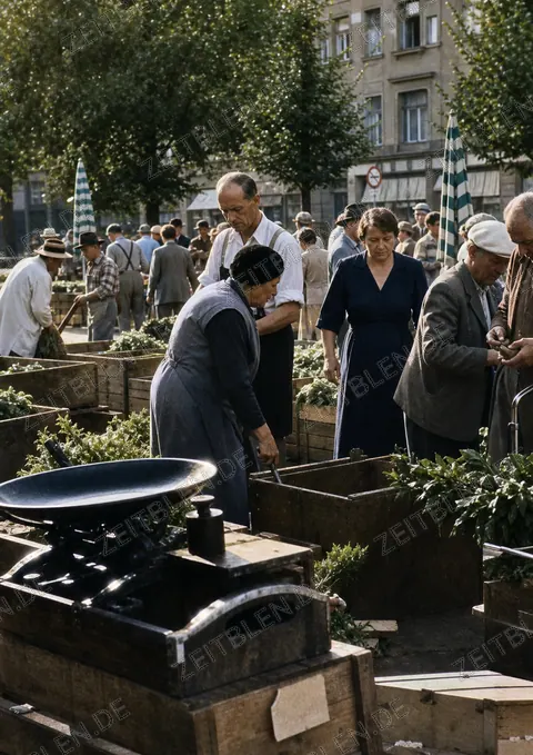 Kundschaft an einem Marktstand auf dem Viktualienmarkt