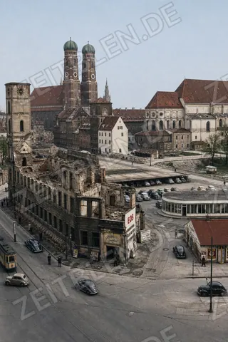 Blick über den zerstörten Marienhof zur Frauenkirche