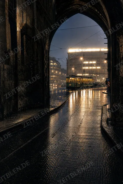 Blick durch das Karlstor zum Hotel Königshof