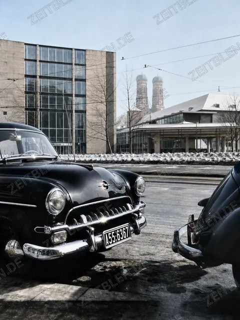 Automobile vor moderner Bebauung mit Blick zur Frauenkirche