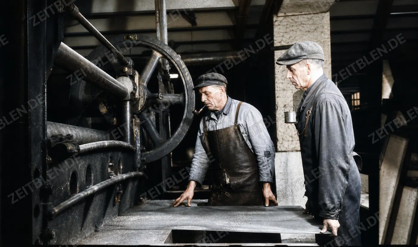 Arbeiter an einer Blechpresse bei Wamsler