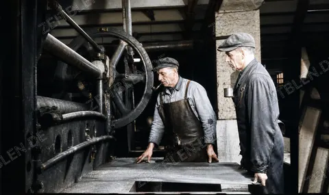 Arbeiter an einer Blechpresse bei Wamsler