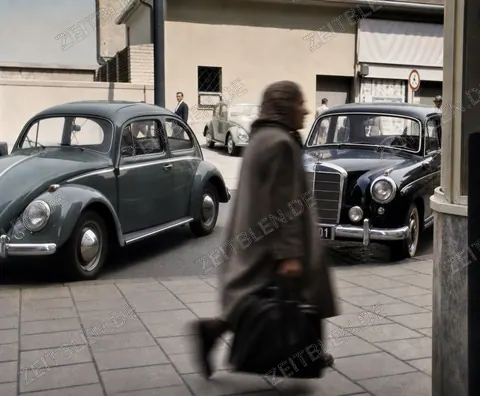 Passantin zwischen VW Käfer und Mercedes in München
