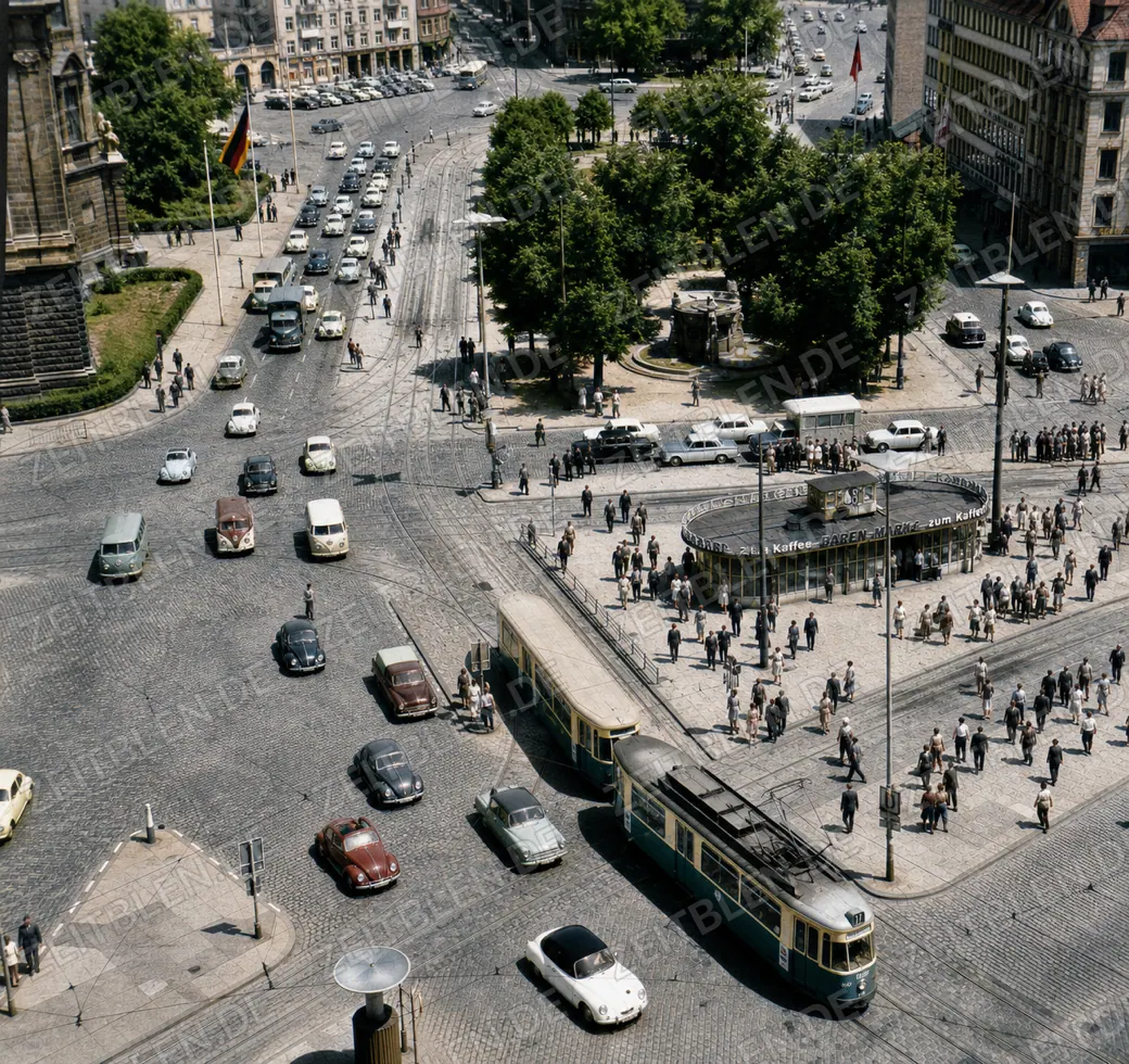 Blick auf die Stachus-Insel mit Straßenbahn