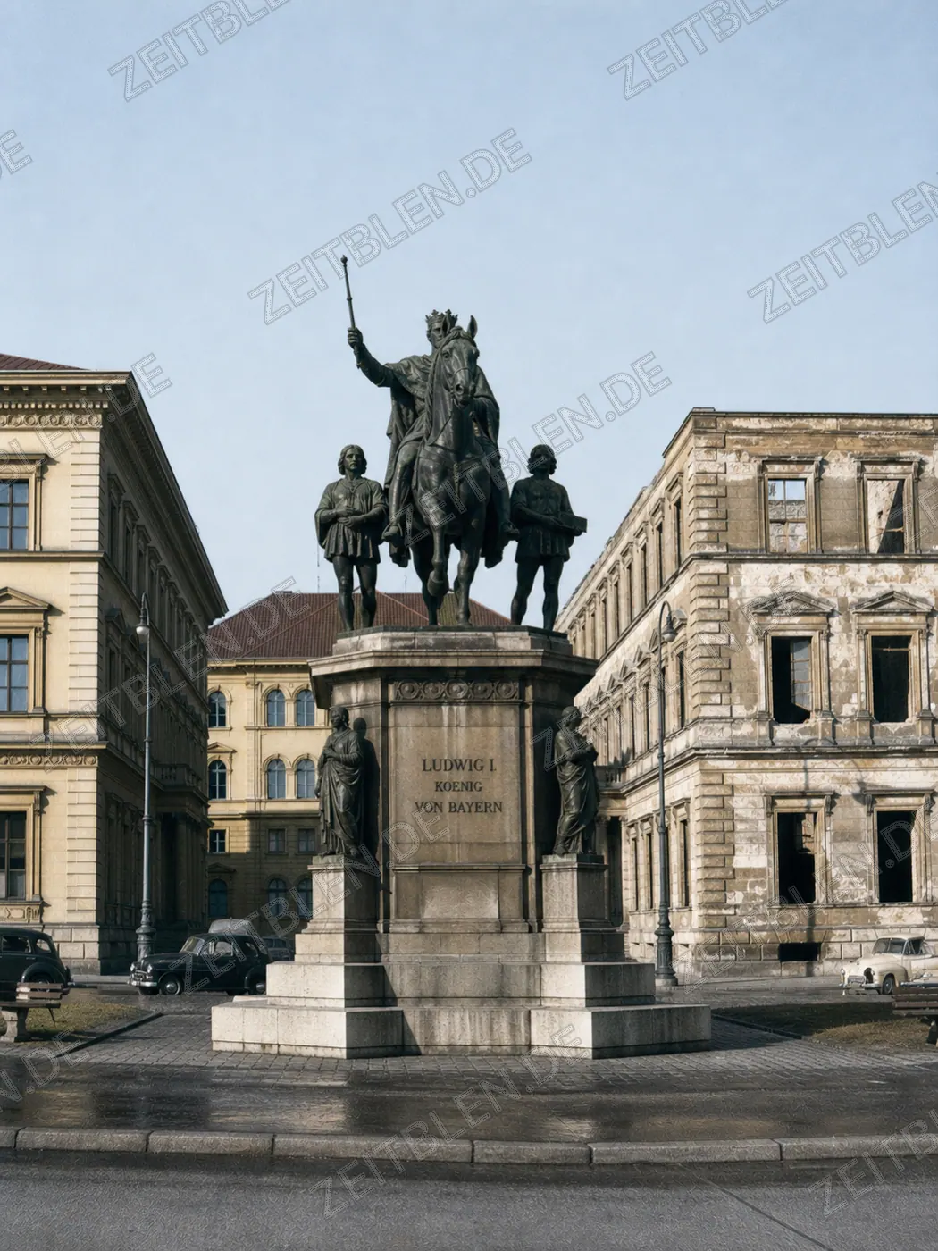 Ludwig-I.-Denkmal vor ruinösem Palais Leuchtenberg