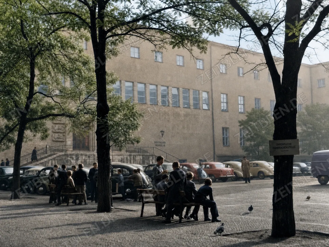 Besucher und Autos am Deutschen Museum