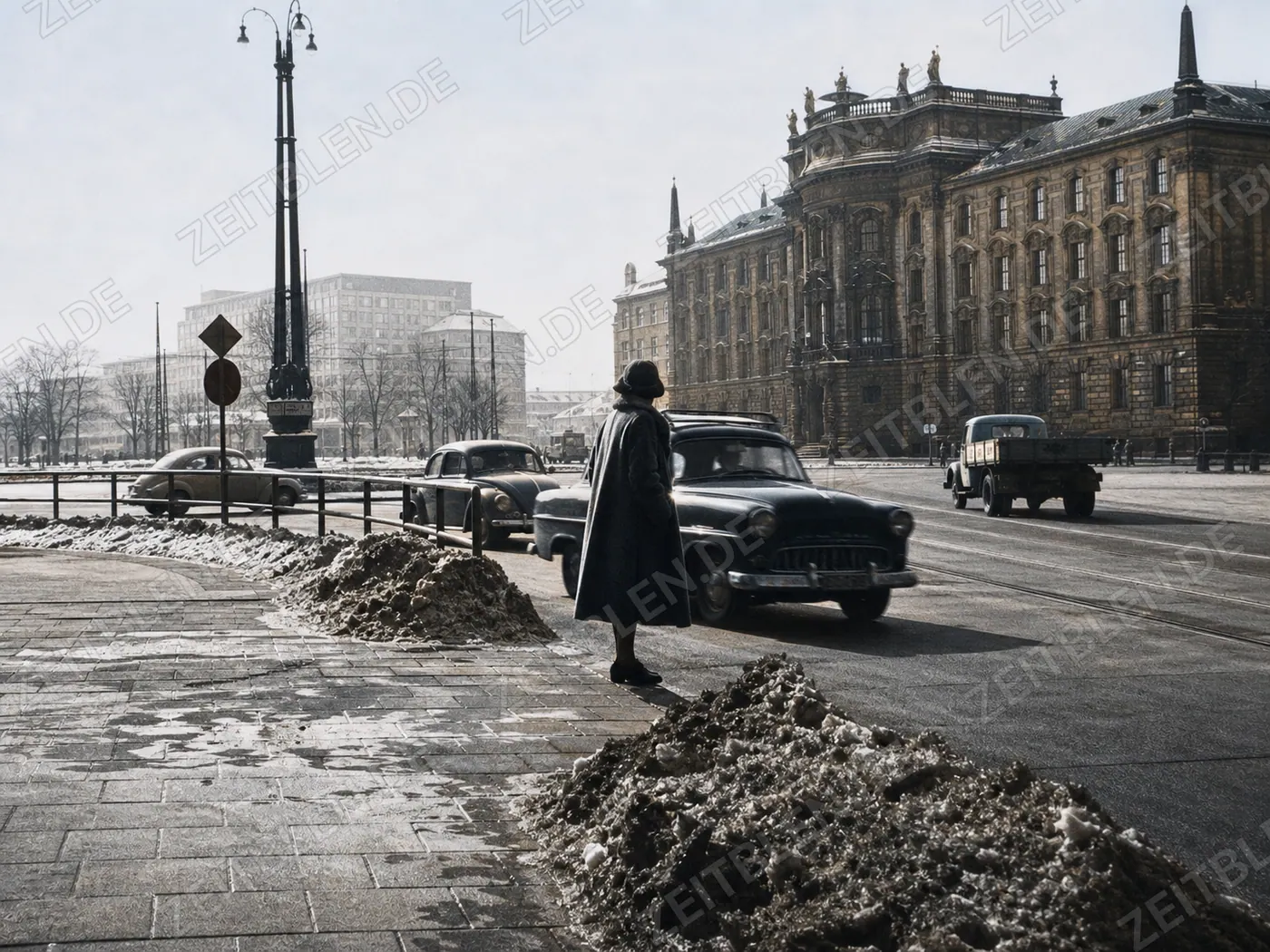 Winterliche Münchner Straßenszene mit Autoverkehr